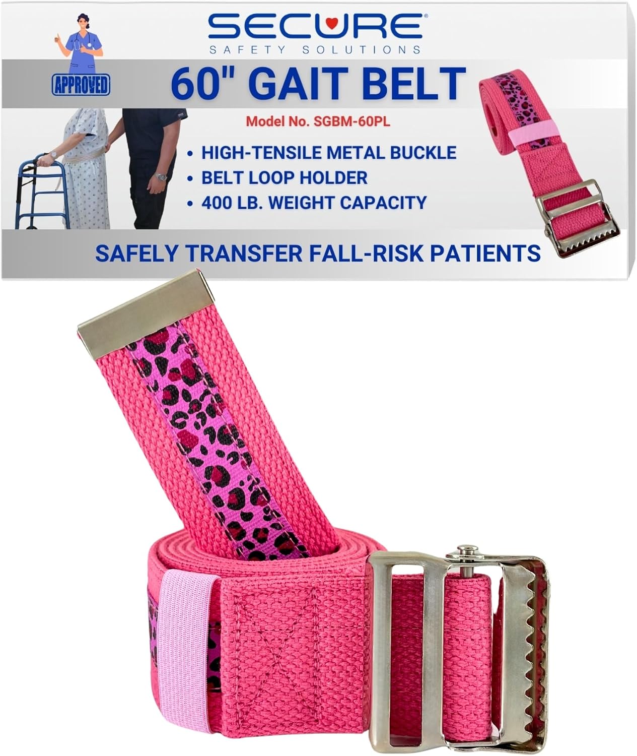 Secure Safety Solutions Gait Belt for Seniors 60”, Pink Leopard - Quick Release Metal Buckle - Transfer Walking Gate Lift Assist Elderly PT Physical Therapy