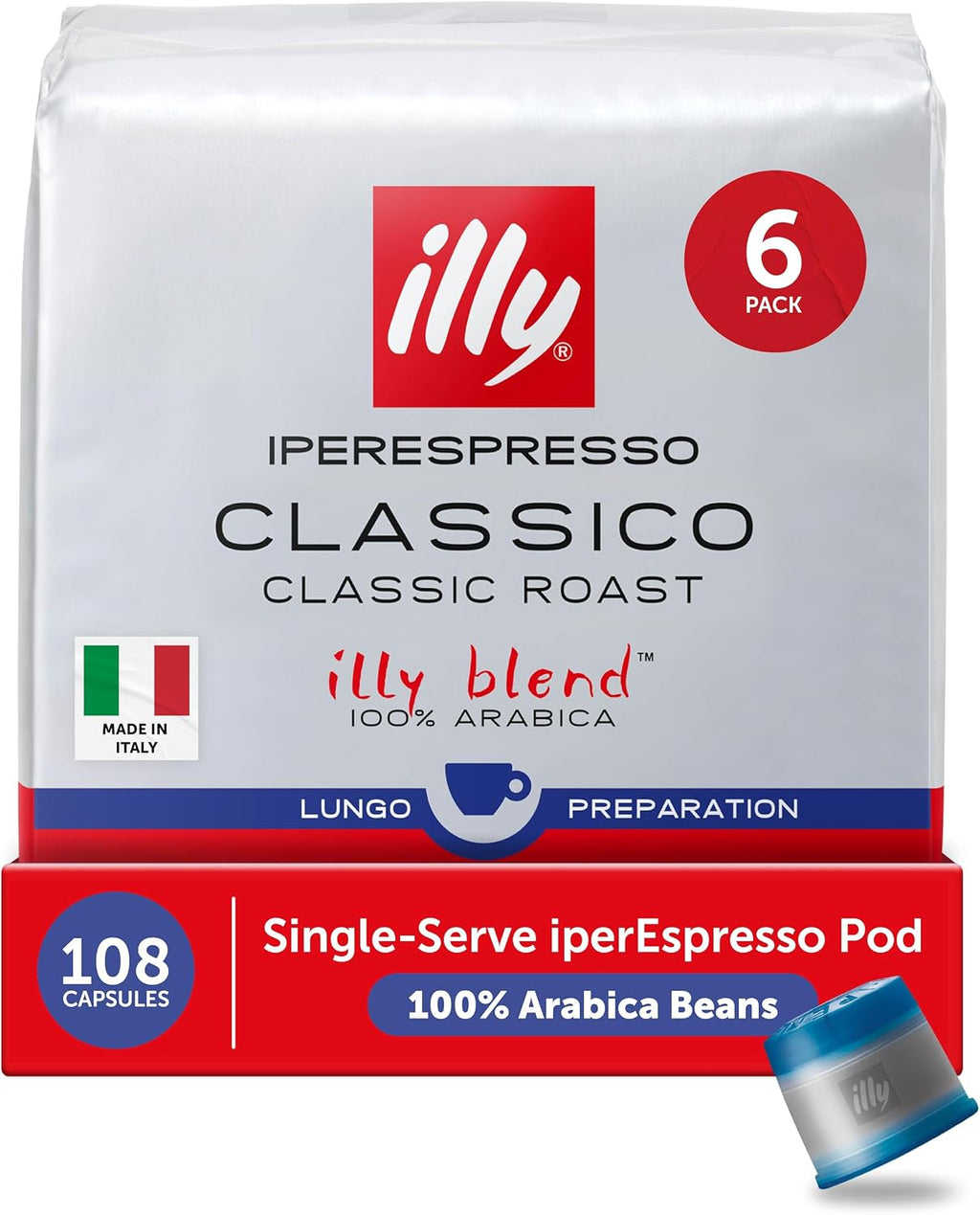 illy Coffee IperEspresso Capsules, Classico Lungo Medium Roast Coffee Pods, 100% Arabica, Premium Italian Blend, 18 Count, 6 Pack