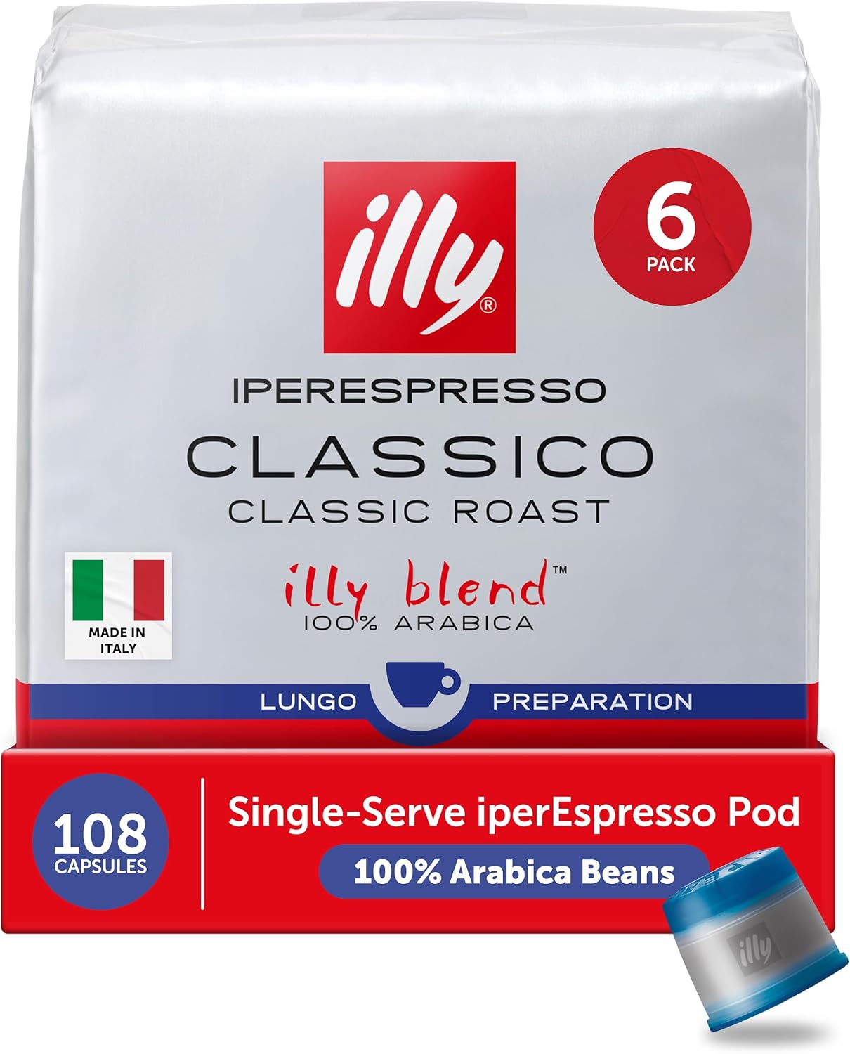 illy Coffee IperEspresso Capsules, Classico Lungo Medium Roast Coffee Pods, 100% Arabica, Premium Italian Blend, 18 Count, 6 Pack