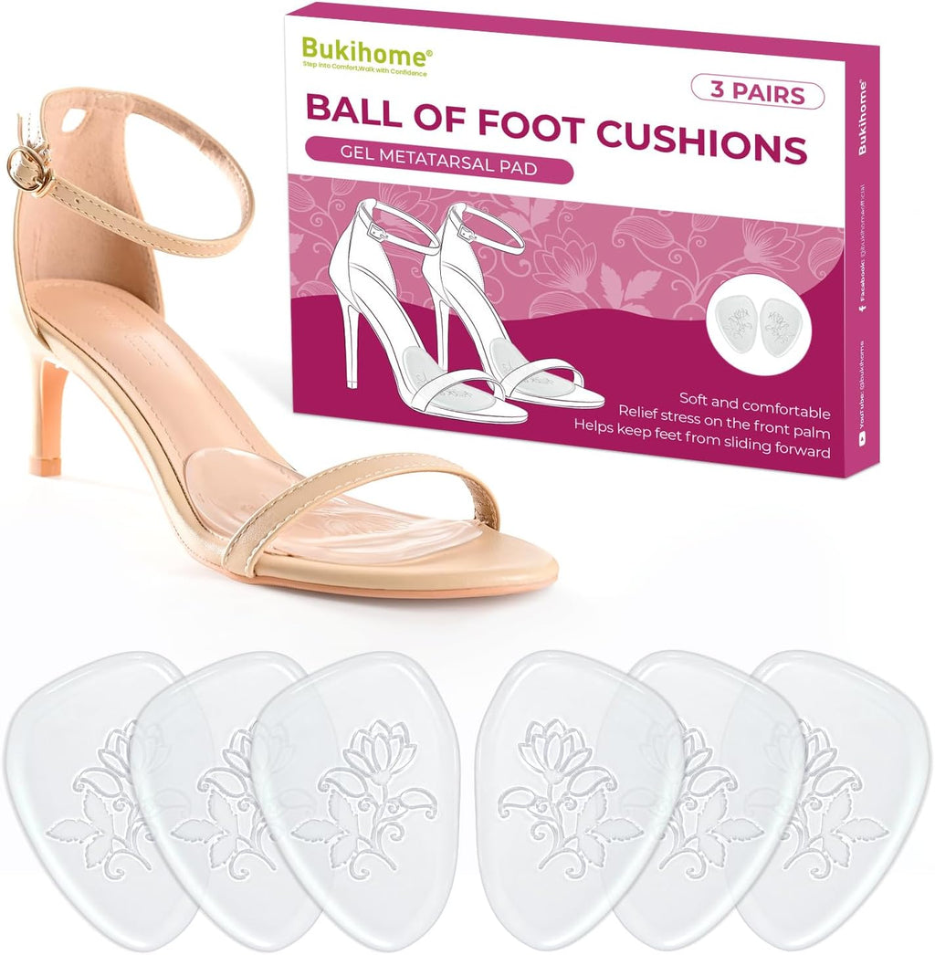 3-Pair Ball-of-Foot Cushions for High Heels Sandals Women - Bukihome Soft Gel Metatarsal Pads for Forefoot Pain Relief, Invisible Shoe Inserts Non-Slip Prevent Foot Sliding Forward (Clear)