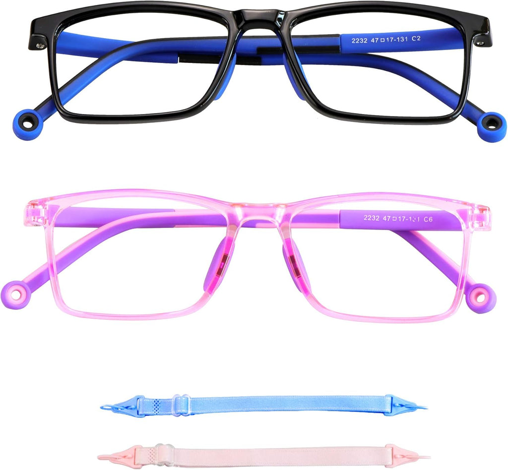 2 Pack Kids Blue Light Blocking Glasses, Computer Glasses with Rope, Anti Blurry and Eyestrain, Cut UV400 Anti Glare for Children Age 3-12 (Black Blue, Purple)
