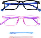 2 Pack Kids Blue Light Blocking Glasses, Computer Glasses with Rope, Anti Blurry and Eyestrain, Cut UV400 Anti Glare for Children Age 3-12 (Black Blue, Purple)