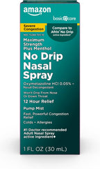 Amazon Basic Care No Drip Severe 12 Hour Nasal Decongestant Pump Mist, Maximum Strength Plus Menthol, Allergy Relief, 1 fl oz (Pack of 1)