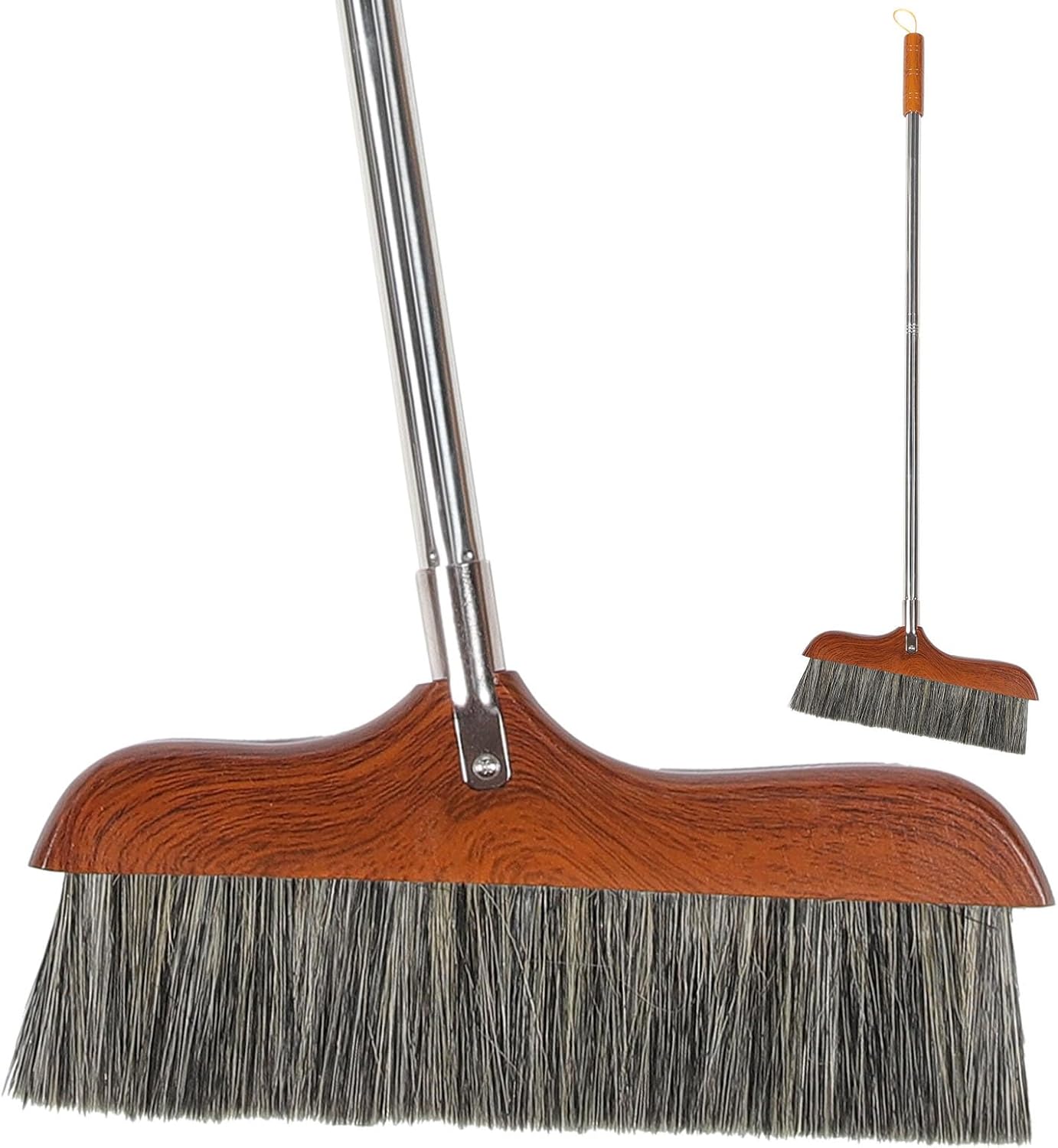 Yardwe Horse Hair Soft Bristle Broom Wooden Handle Angle Broom Floor Cleaning Broom Hair Removal Sweeper Carpet Sweeping Brush for Indoor Outdoor Kitchen