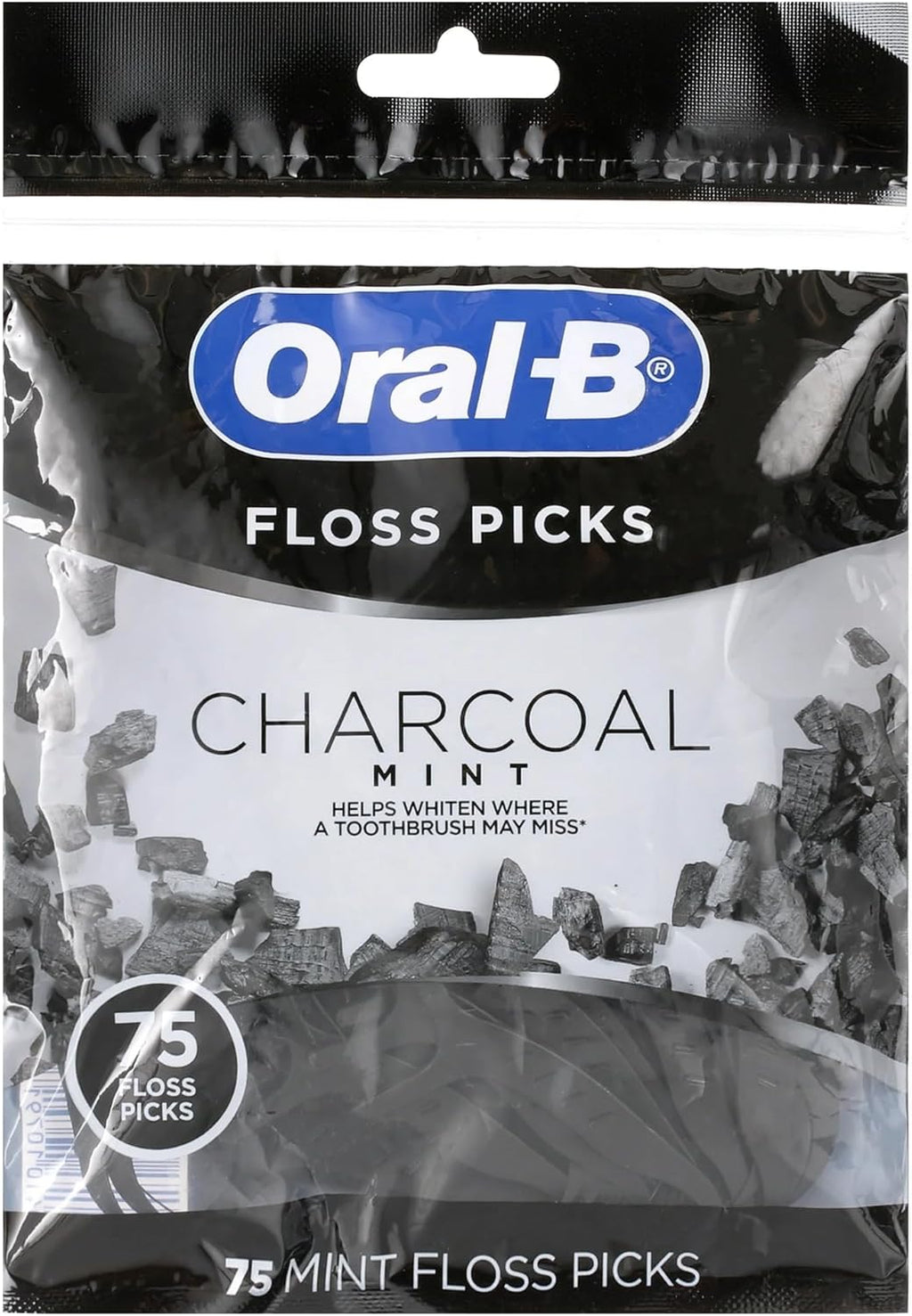 Oral-B Charcoal Infused Mint Dental Floss Picks, 75 Count (Pack of 1)