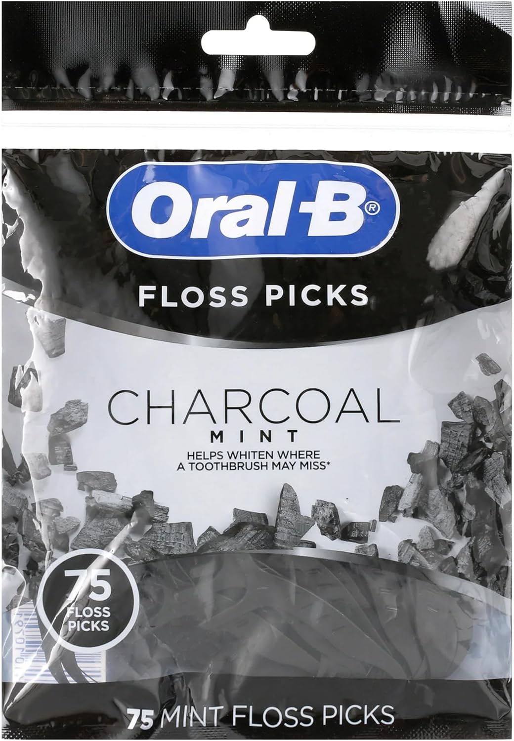 Oral-B Charcoal Infused Mint Dental Floss Picks, 75 Count (Pack of 1)