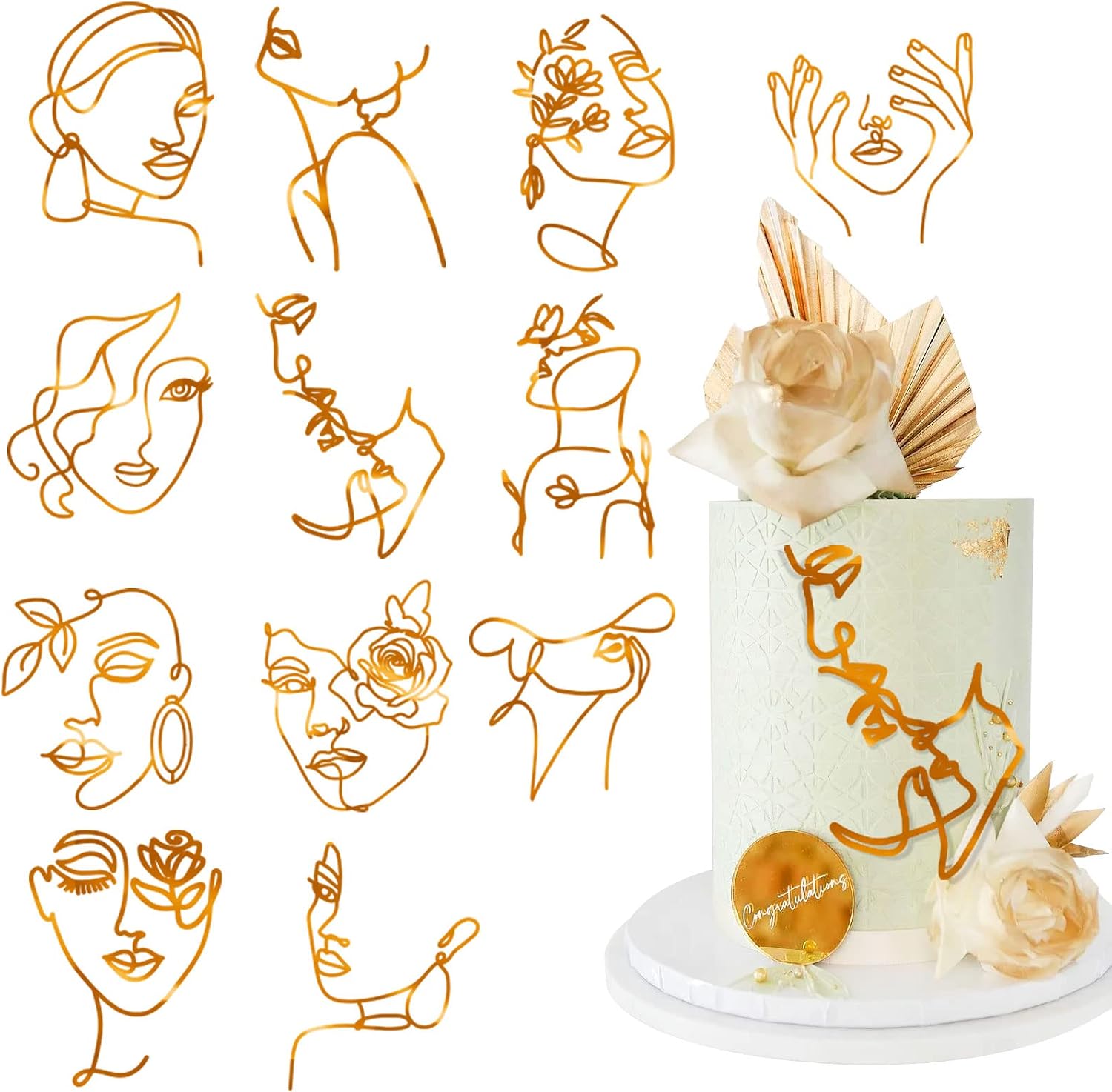 12 Pcs Acrylic Lady Face Cake Topper Minimalist Art Happy Birthday Cake Toppers Women Wedding Cake Decoration for Wedding Birthday Party (Gold)