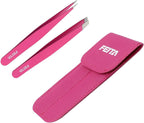 Precision Tweezers for Eyebrows - FEITA Professional Stainless Steel Slant & Pointed Eyebrow Tweezer Set with Travel Case for Woman Facial Hair Removal Clip (Pink - 2 Pcs)