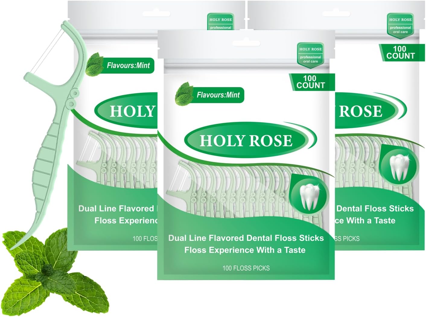 Holy Rose Twin Line Dental Floss Picks - 300 Count Pack, for Adults Flossers,Mint Flavor, Dual-Action Cleaning Teeth, Flossing Sticks Toothpicks Oral Tool Kit