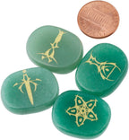 mookaitedecor 4 Piece Green Aventurine Stones Engraved Tarot Symbols Polished Palm Stones for Reiki Crystal Healing