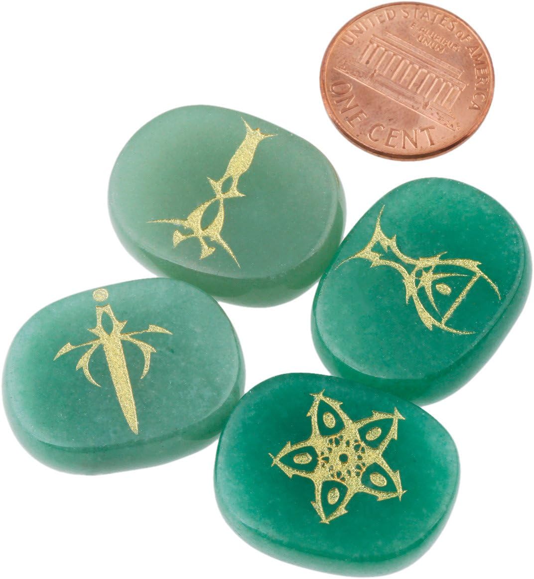 mookaitedecor 4 Piece Green Aventurine Stones Engraved Tarot Symbols Polished Palm Stones for Reiki Crystal Healing