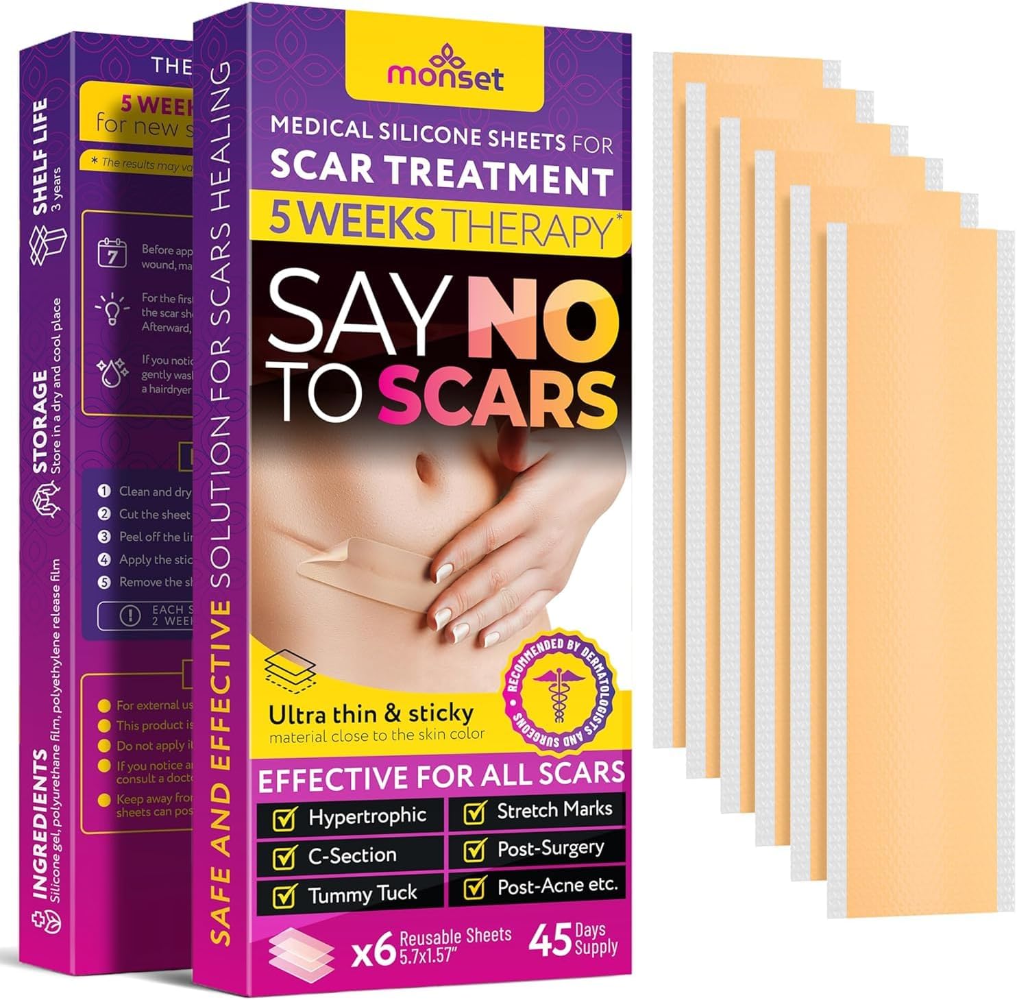 Silicone Scar Sheets – Medical Grade Scar Tape for Surgical Scars, C-Section, Keloids, Burns & Acne – Reusable and Soft Silicone Strips for Stretch Marks & Tummy Tuck (6 Sheets)