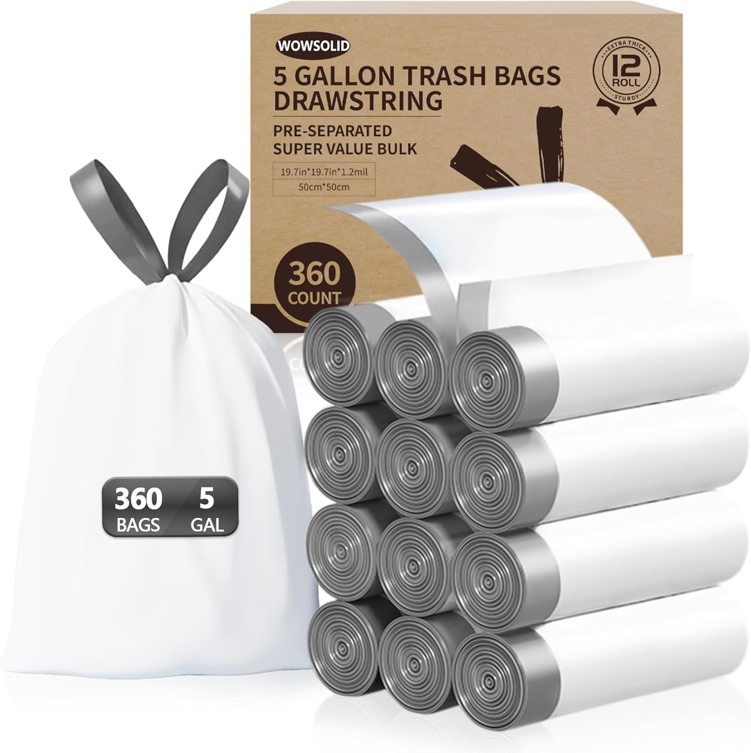 5 Gallon Trash Bags Drawstring, 360 Count 1.2 Mil Thick Garbage Bags by WOWSOLID, Fit Liners 15-20 Liter, 4.5-5.5 Gal, Trash Can Bin for Bathroom, Kitchen, Bedroom, Office