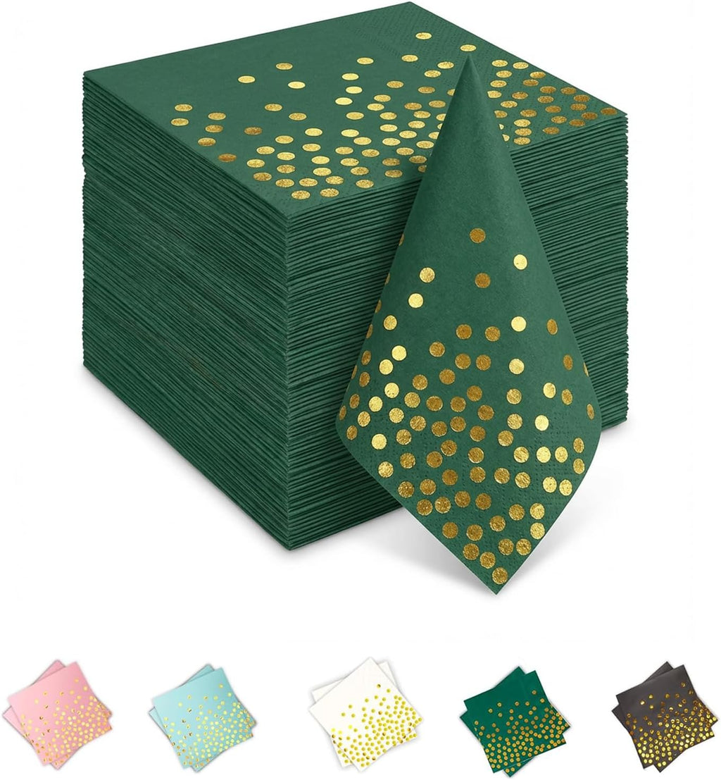100Pcs Green Cocktail Napkins, 6.5 Inch Gold Dots Paper Napkins Disposable Party Napkins for Bar, Weddings, Graduations, Easter, St. Patrick‘s Day Decorations