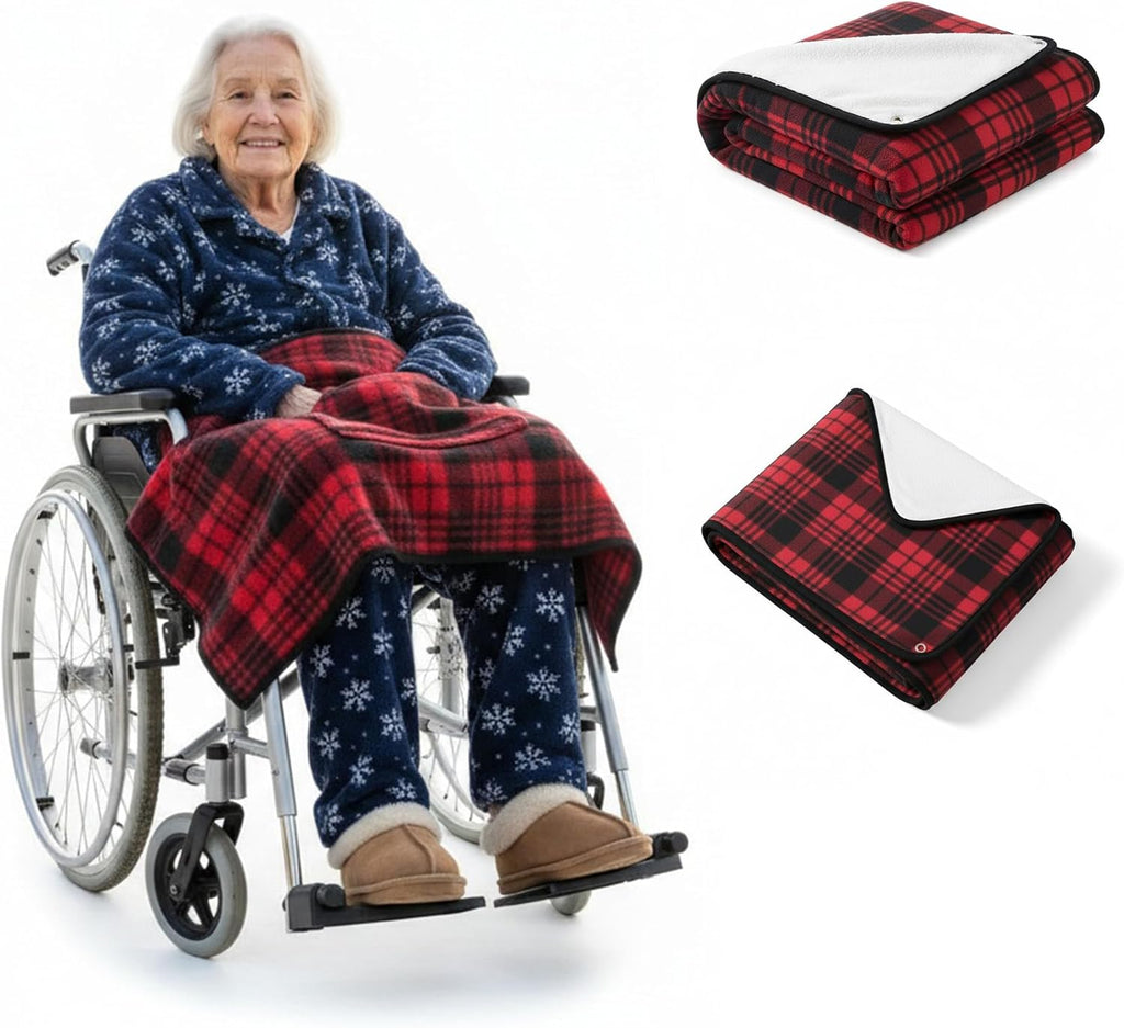Wheelchair Lap Blanket for Seniors, 43" * 28" Soft Sherpa Lined Knee & Lap Cover, Warm Lightweight Throw with Snap Buttons, Cozy Comfort for Elderly & Caregivers, Red/Black Plaid