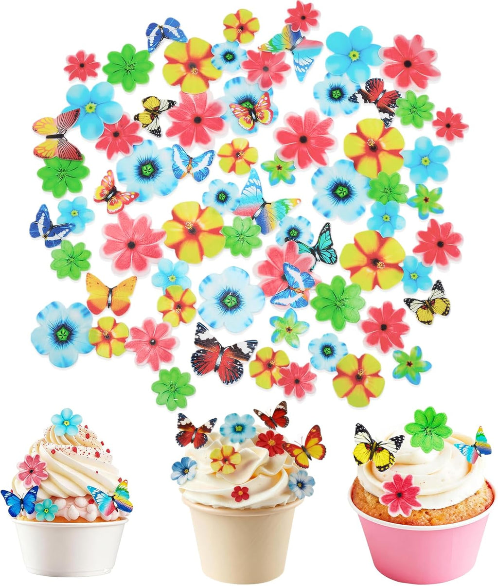 120 PCS Edible Butterfly Flowers Cake Decorations Wafer Rice Paper Edible Topper Cupcake Mixed Size & Colour for Birthday Wedding Spring Themed Party