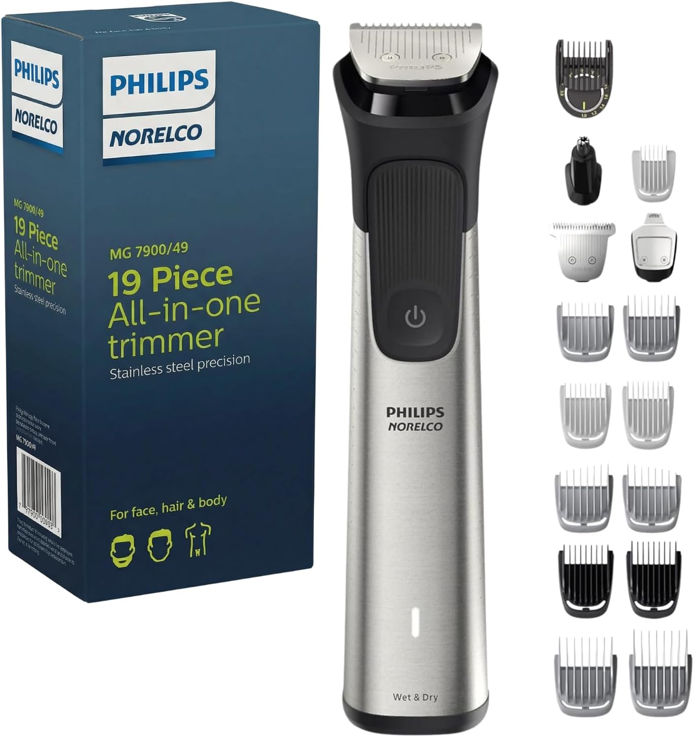 Philips Multigroom 7000 Series 21 Piece Beard Trimmer for Men, Hair & Body Grooming Kit, Precision Trimming Comb with Self-Sharpening Steel Blades, All-in-one Trimmer, Water Resistant
