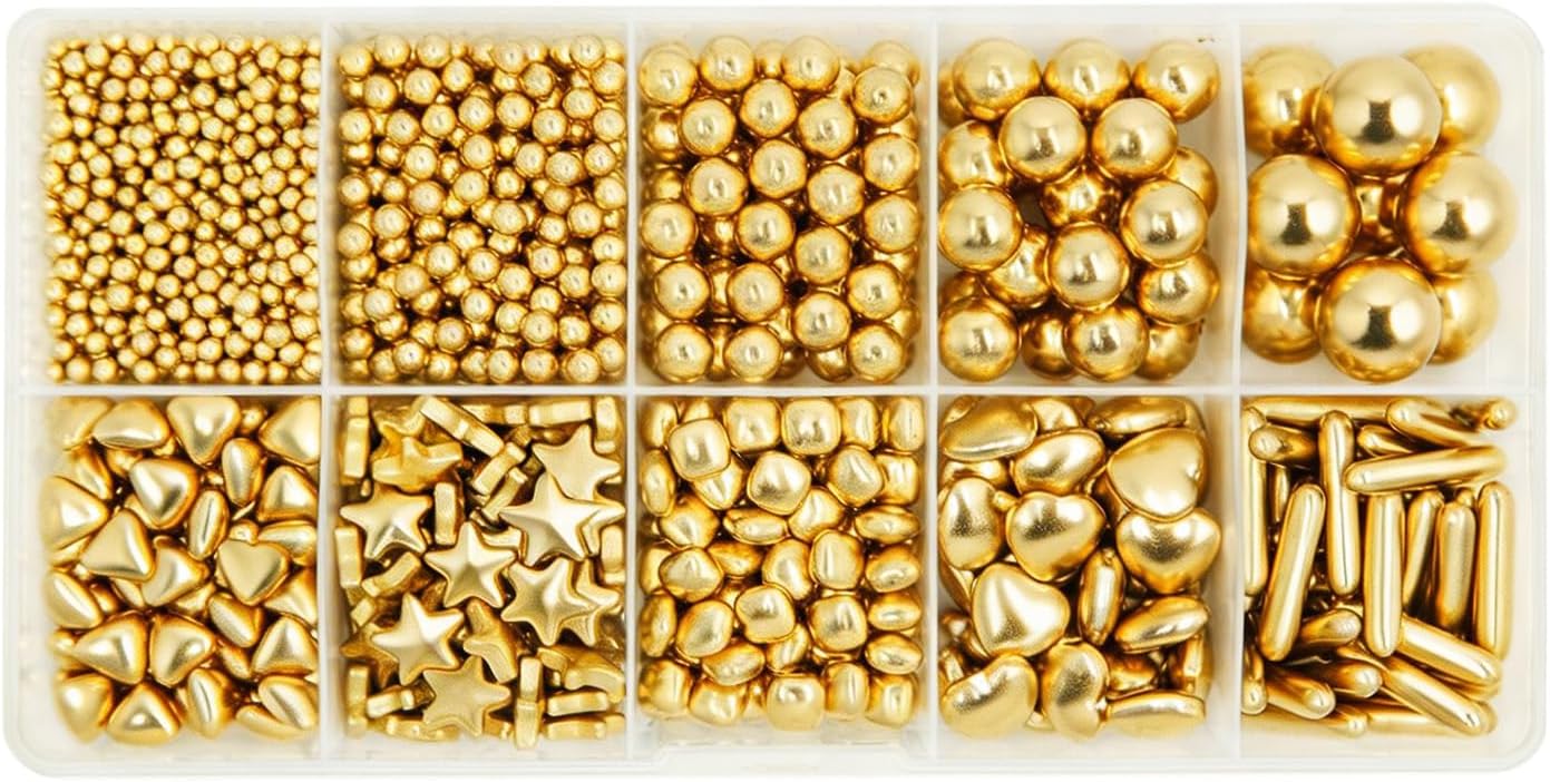 HIFUNBK Gold Mix Sprinkle For Cupcake Topper with Gift Box Pack, 10 Different Shape Sugar Candy Dragee for Cake Baking Decoration, 200g