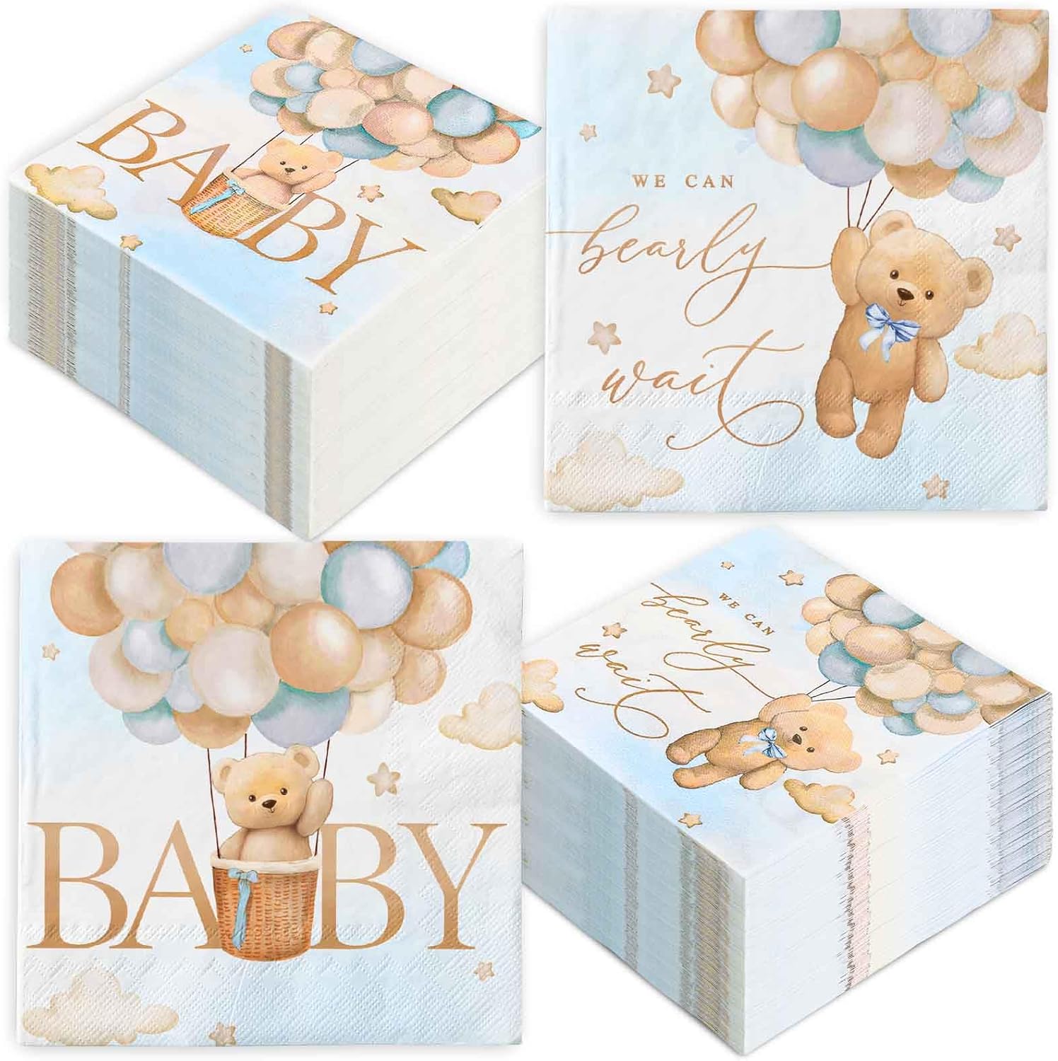 Baby Shower Paper Napkins 50Pcs Double-Printed Bear Disposable Luncheon Napkins Cute Decorative Dinner Napkin for Home Party Table Decor