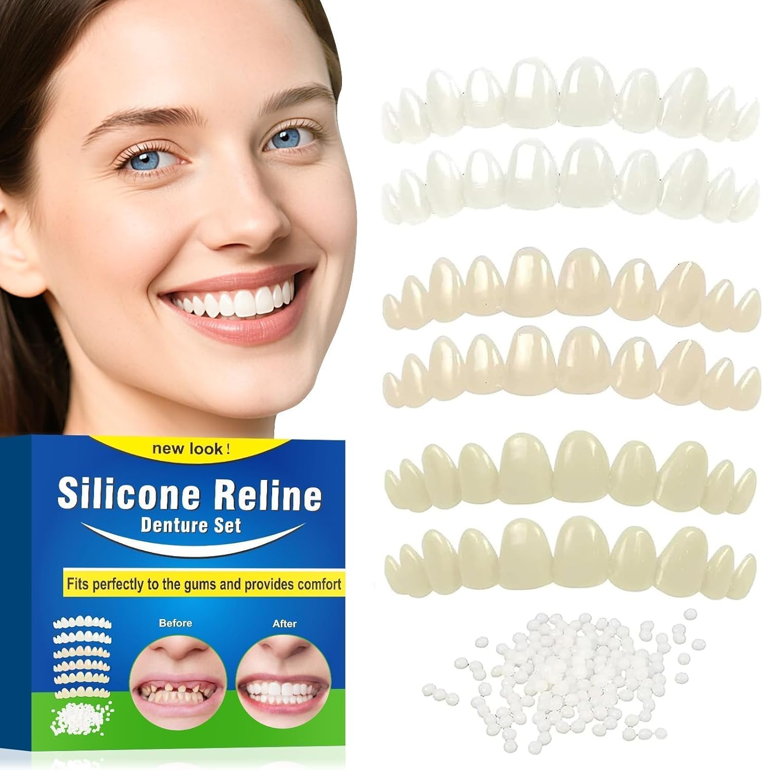 Veneers Teeth for Women, Tooth Replacement Missing Teeth, Upper Veneer Cosmetic, Moldable Thermal Beads Replacement Kit, Unisex to Temporary Tooth Repair Kit, 6PCS-001