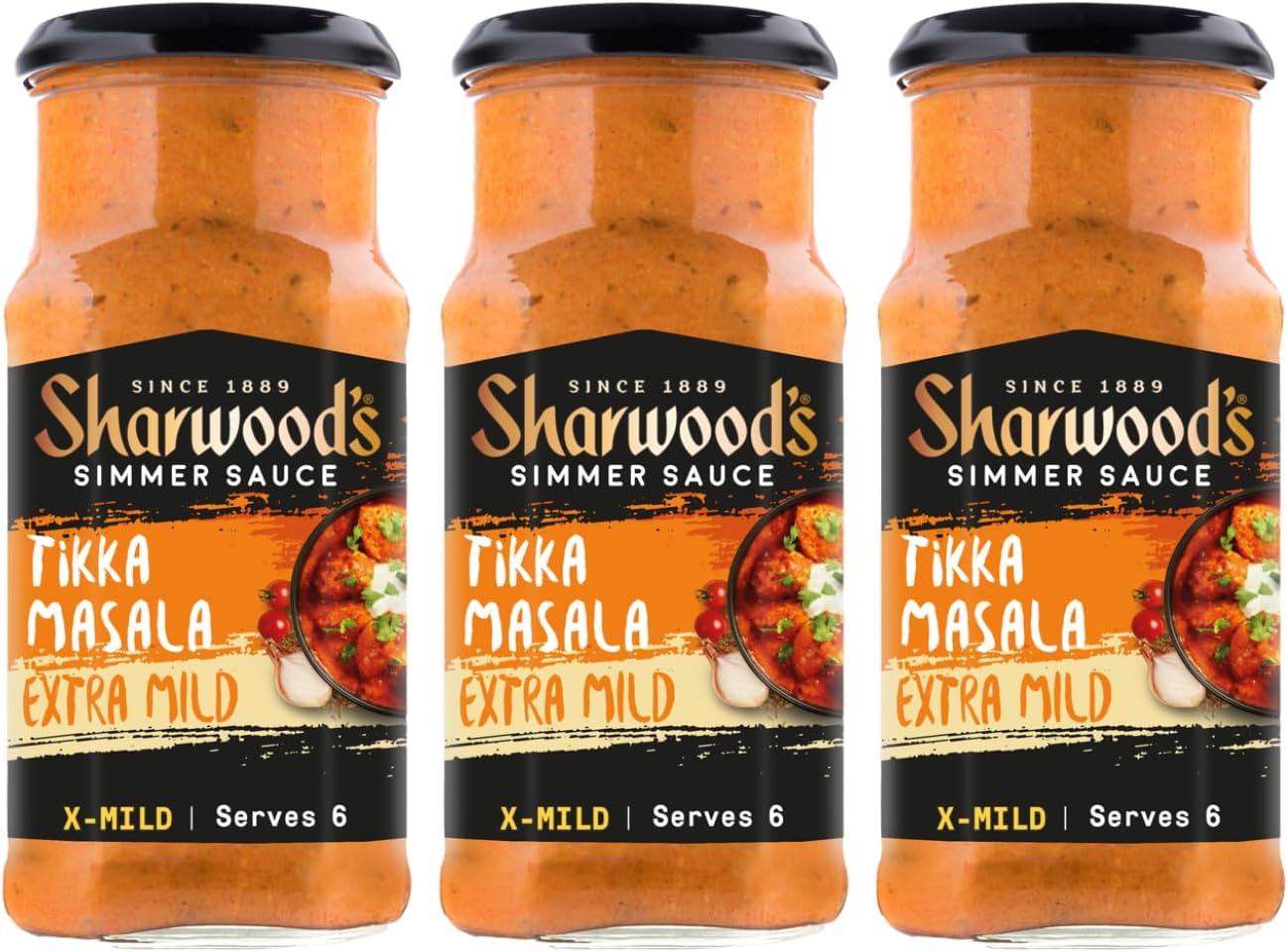 Sharwood’s Indian Cooking Sauce, Rich Authentic Flavor, Quick & Easy Meal Prep, 14.1 oz Glass Jars (3 Pack) (3 Pack, Extra Mild Tikka Masala)