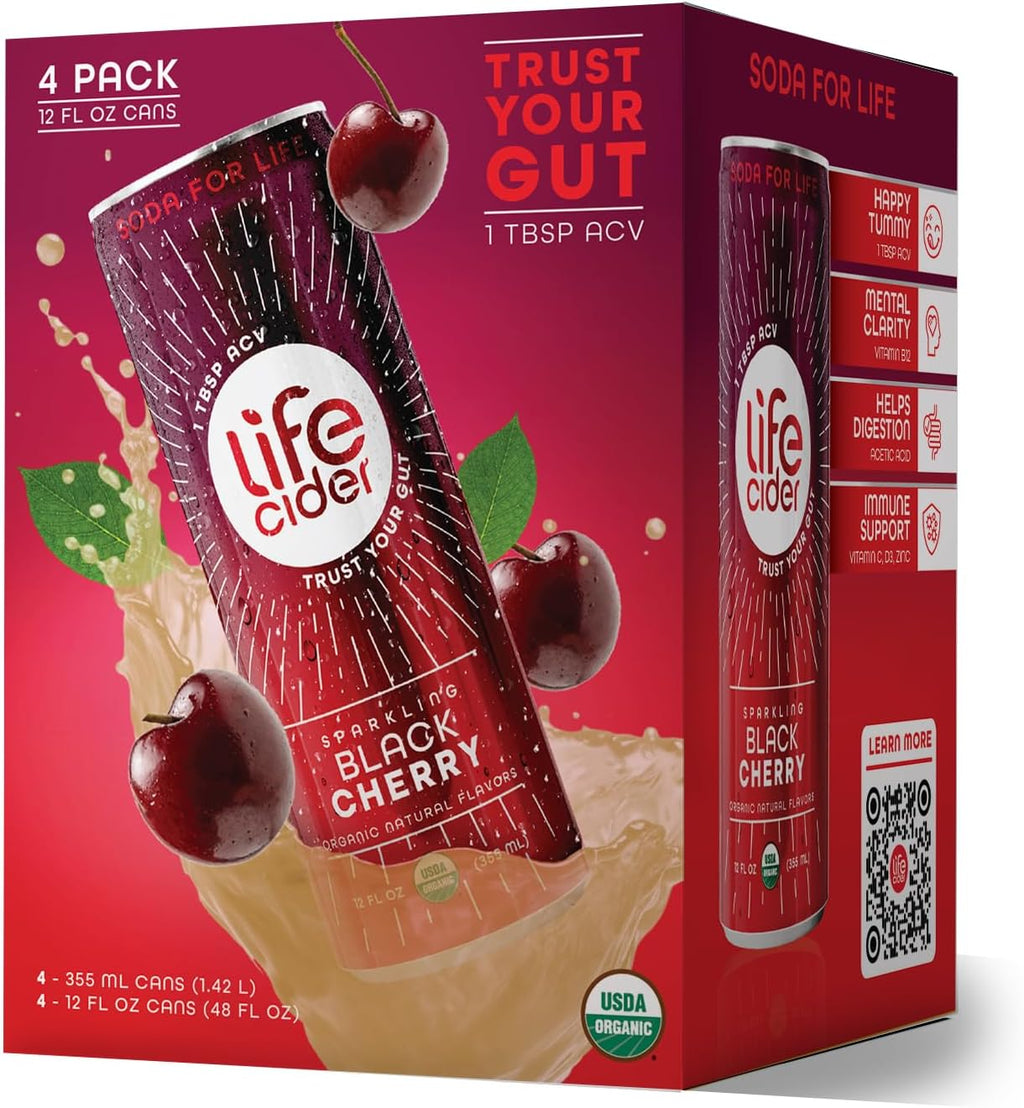 Life Cider Black Cherry Apple Cider Vinegar Soda, 4 Pack, Organic Sparkling AVC Drink, Natural Flavors, Promotes Gut Health, Vitamins C, B12, Zinc, D3