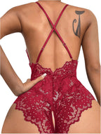 SOLY HUX Women's One Piece Lingerie Sexy Lace Babydoll Deep V Teddy Criss Cross Backless Teddy Mini Bodysuit