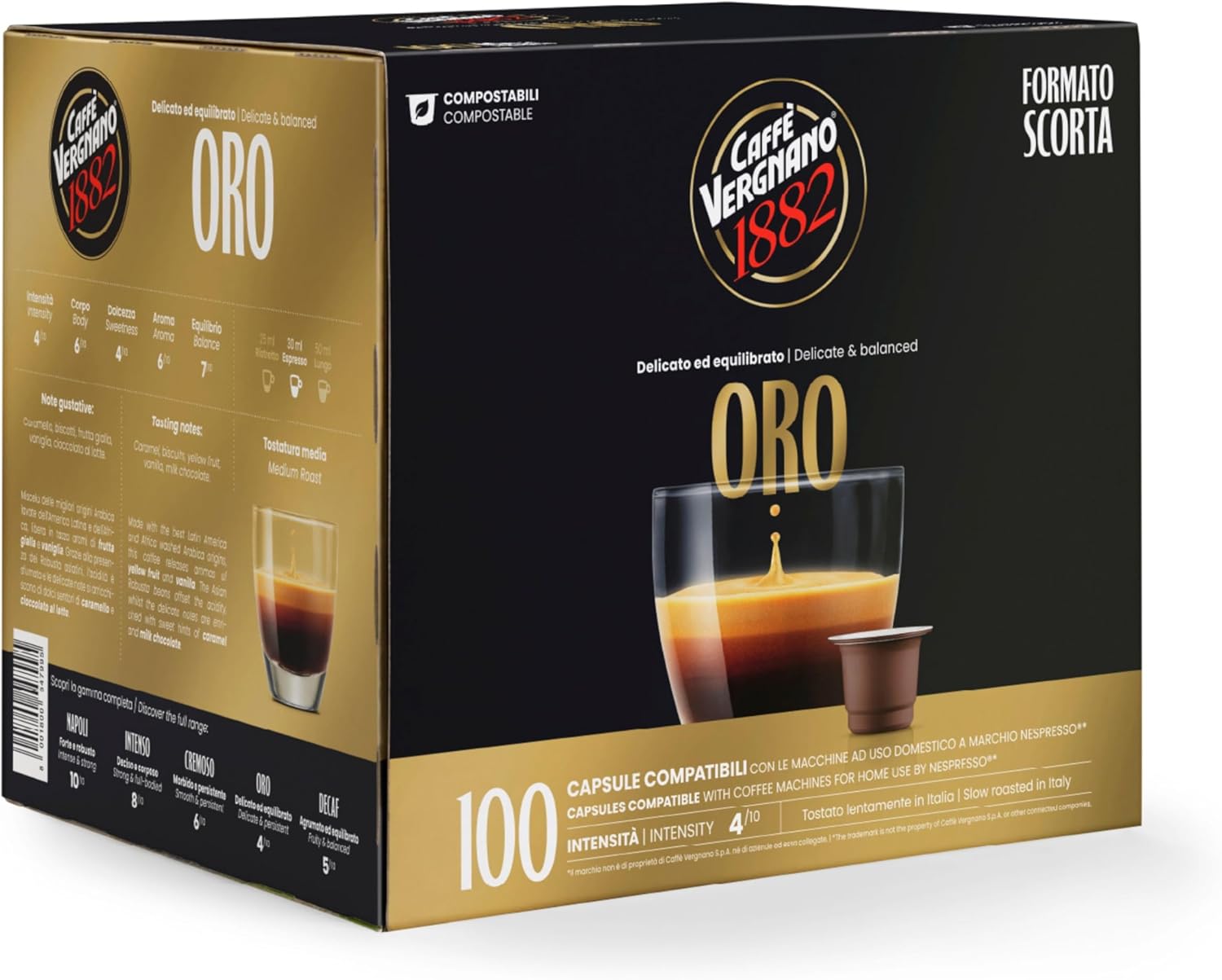 Caffe Vergnano 1882 Medium Roast Espresso Original Line Machine Compatible Capsules, Arabica Robusta Espresso Coffee, Italian Coffee For Nespresso Coffee Machines, Intensity 4/10, Oro, 100 Ct