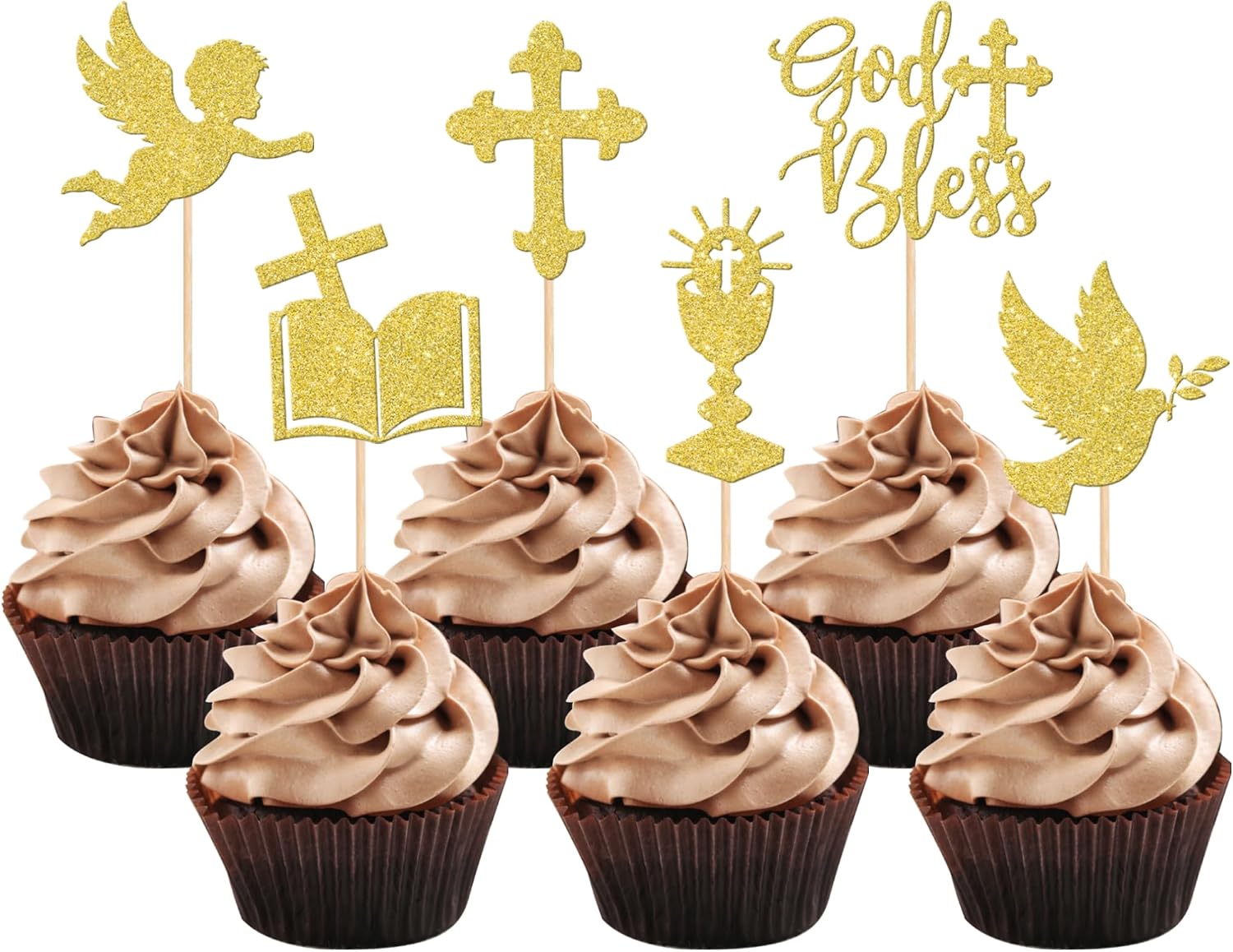 24 PCS God Bless Cupcake Toppers Glitter Dove Angel Chalice Bible Cross Cupcake Picks God Christian Baptism First Communion Theme Baby Shower Birthday Party Cake Decorations Supplies Gold
