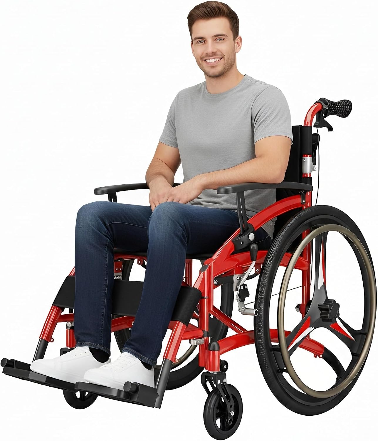 Ultra Lightweight Wheelchair, 18" Wide Seat Wheelchair for Adults, Foldable Portable Self-propelled Wheelchair with Removable Arms and 24″ Rear Wheels for Indoor Outdoor Use (Max Weight 220 lbs)