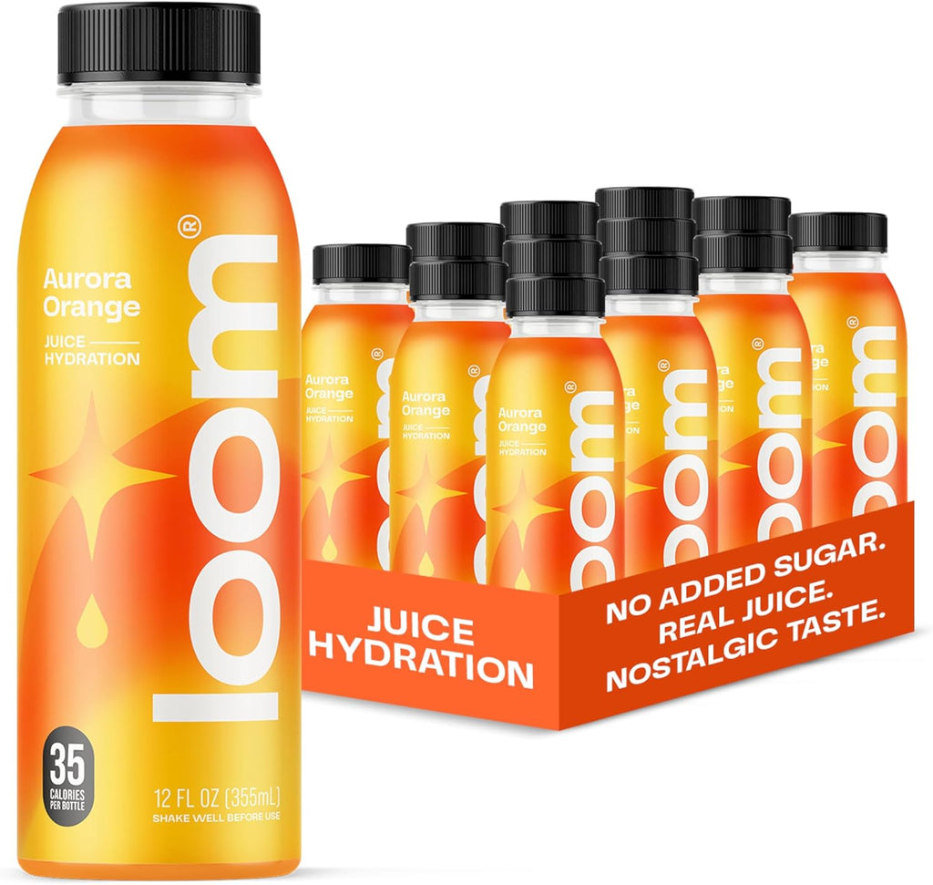 Aurora Orange Juice Drinks by Loom, Low Sugar Juice, Real Fruit, No Added Sugar, Healthy Hydration, 30 Calories, Non-GMO, 12 oz bottles, 12 pack