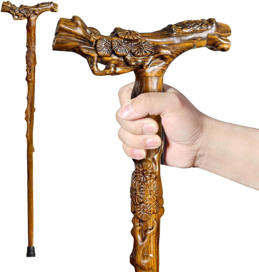 Wooden Walking Cane, Hand-Carved Wood Walking Cane for Men and Women, with Massage Function Support up to 500lbs, High-end Canes for Seniors Suitable for Daily Comfort
