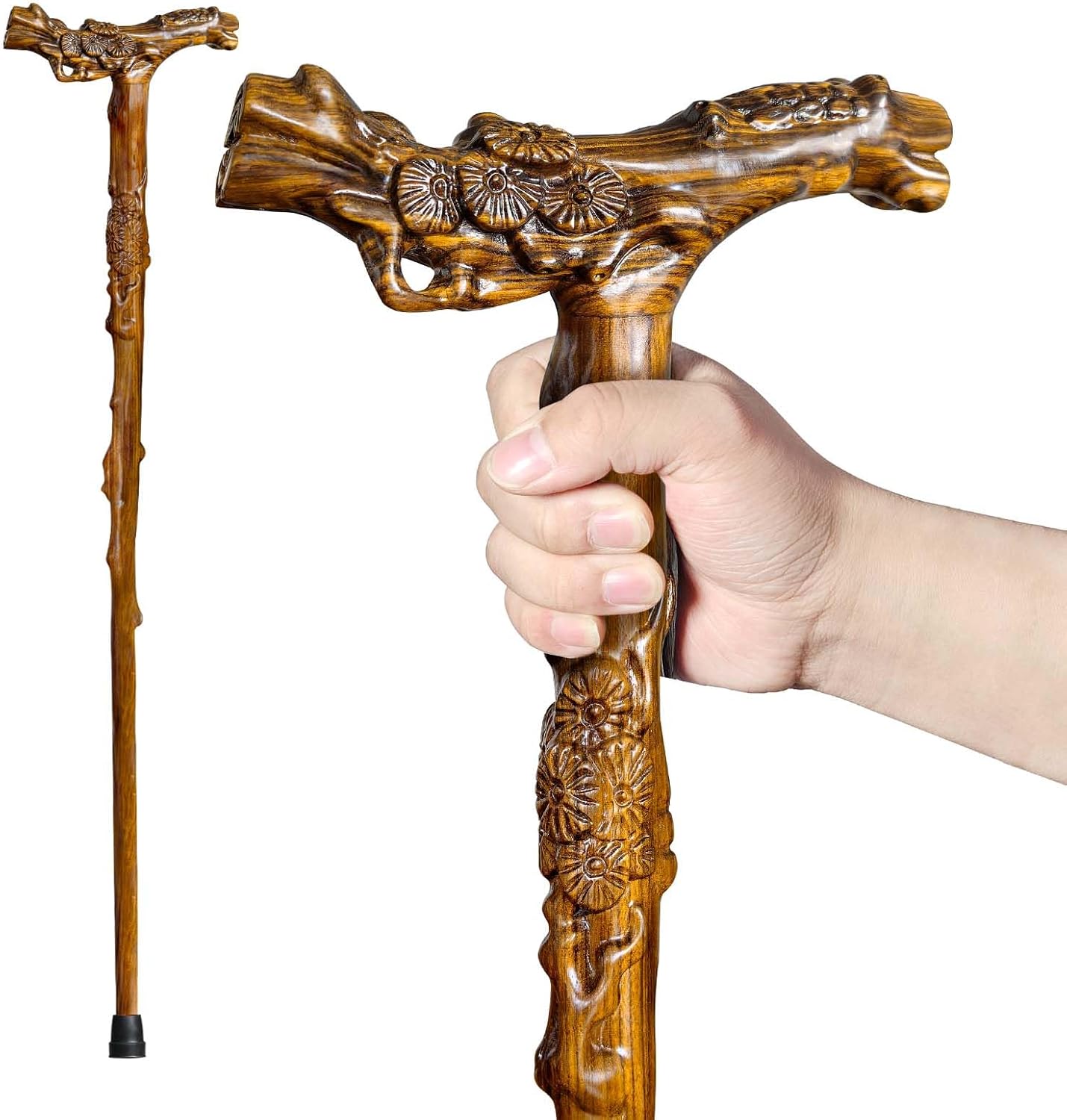 Wooden Walking Cane, Hand-Carved Wood Walking Cane for Men and Women, with Massage Function Support up to 500lbs, High-end Canes for Seniors Suitable for Daily Comfort