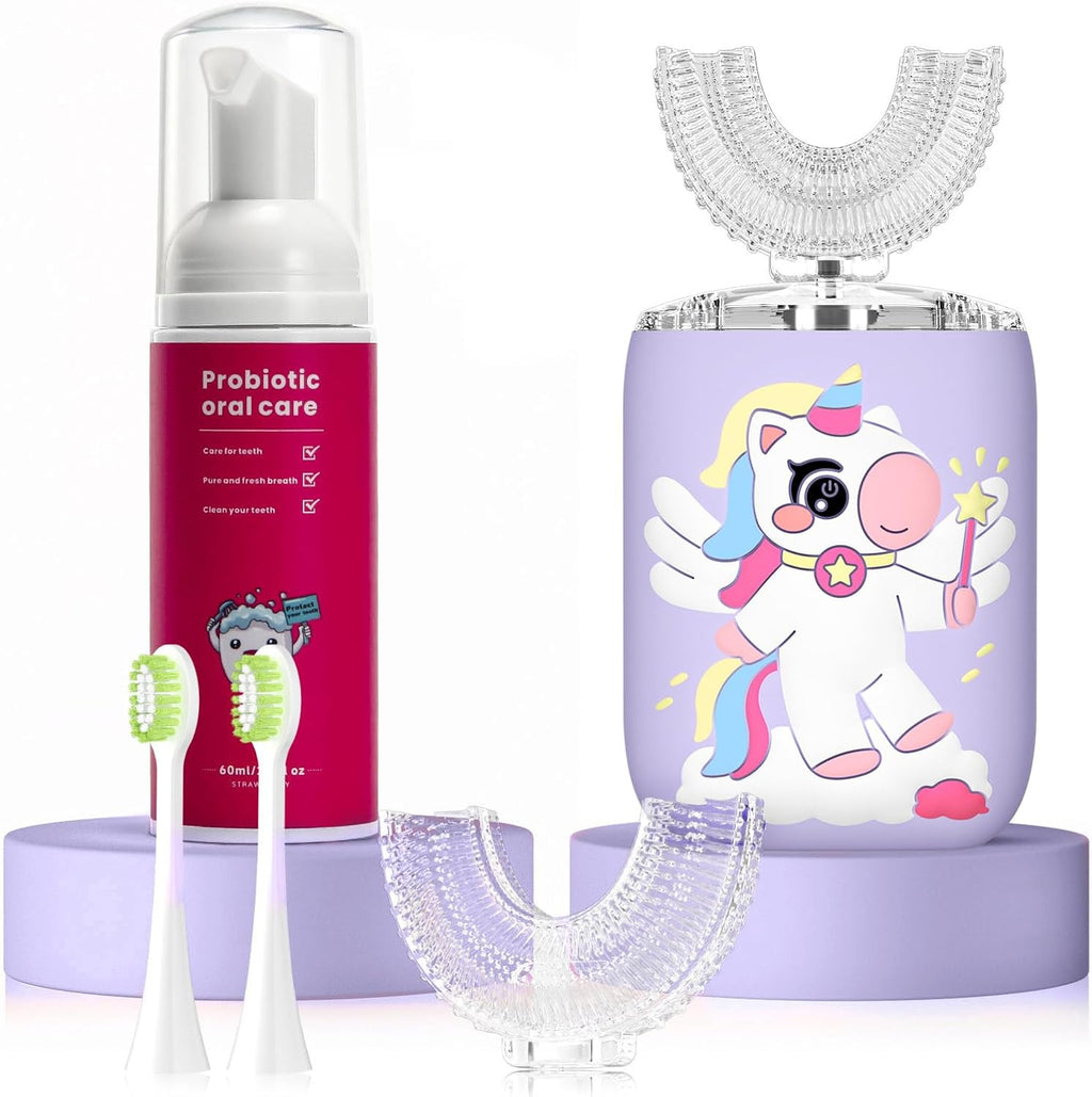 Kids Electric U Shaped Toothbrush, Kids Unicorn Sonic Automatic Toothbrush with 4 Soft Brush Heads with Toothpaste- (Age 2-7, Purple)