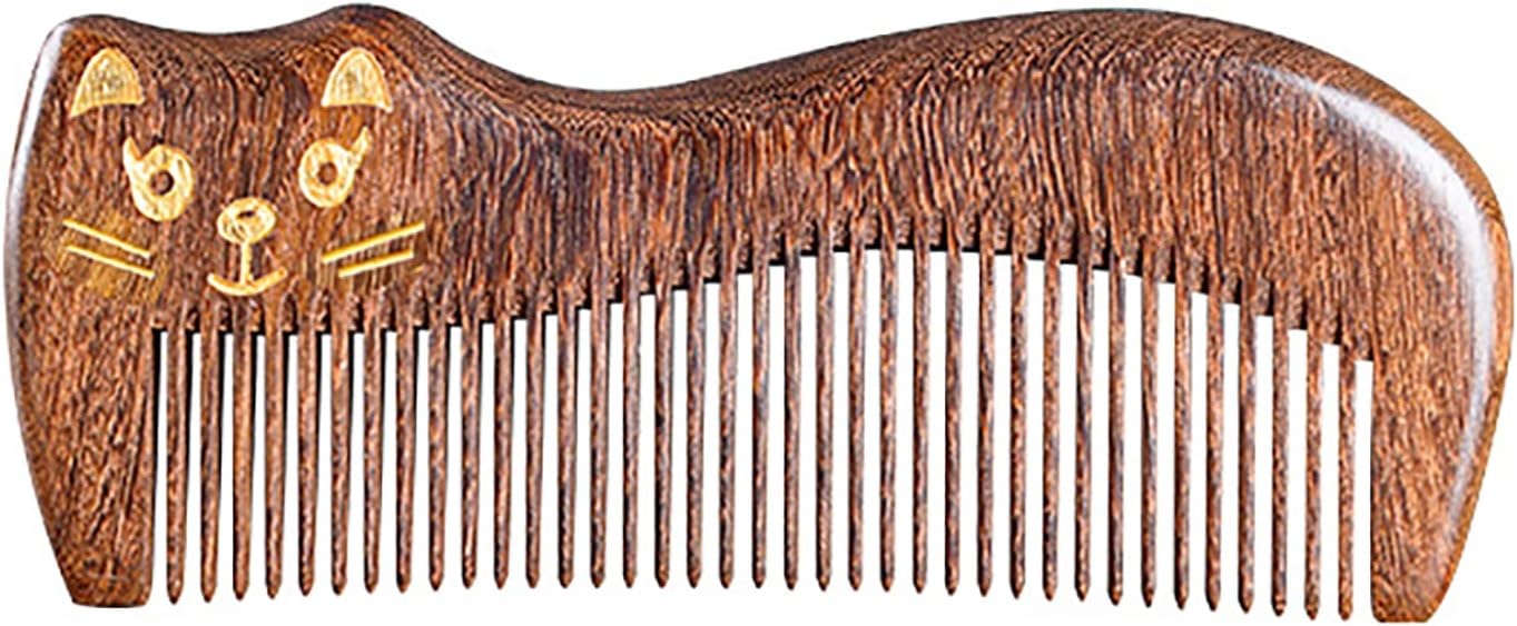 Sandalwood Wooden Hair Comb Handmade Wooden Comb Sandalwood Anti-Static Hair Comb Fine Tooth Hair Combs for Men Women Kids Beard Comb Good gift (Cat)