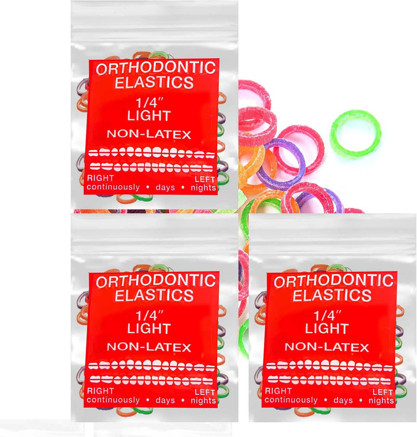 Neon non-Latex 3 Packs 300 counts 1/4inch Light Intraoral Elastic Bands Orthodontic Elastics Dental Rubber Bands Made in US (Light [2.5oz], 1/4inch, 6.4mm)