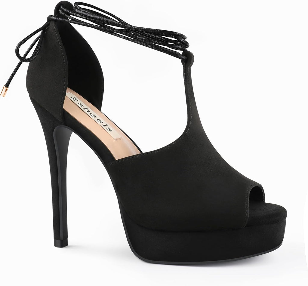 Zzheels Women's Peep Toe Platform High Heel Sandals T-Strap Lace Up Ankle Stiletto Heels Dress Pumps for Party Prom