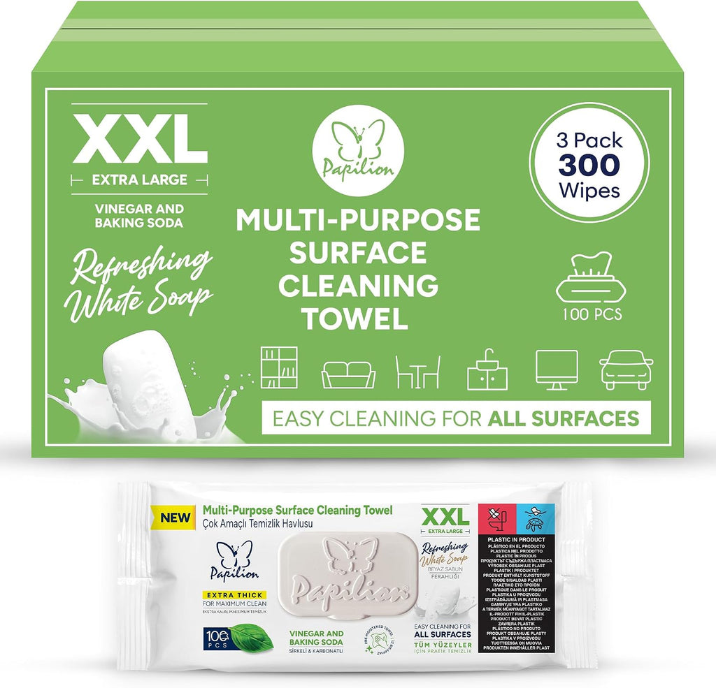 PAPILION Multi-Surface Cleaning Wipes, White Soap Scent, Removes Dirt & Stains, Paraben & SLS-Free, Surface-Safe Formula for Everyday Home, Kitchen & Office Cleaning, Flip-Top Pack, 300 Count