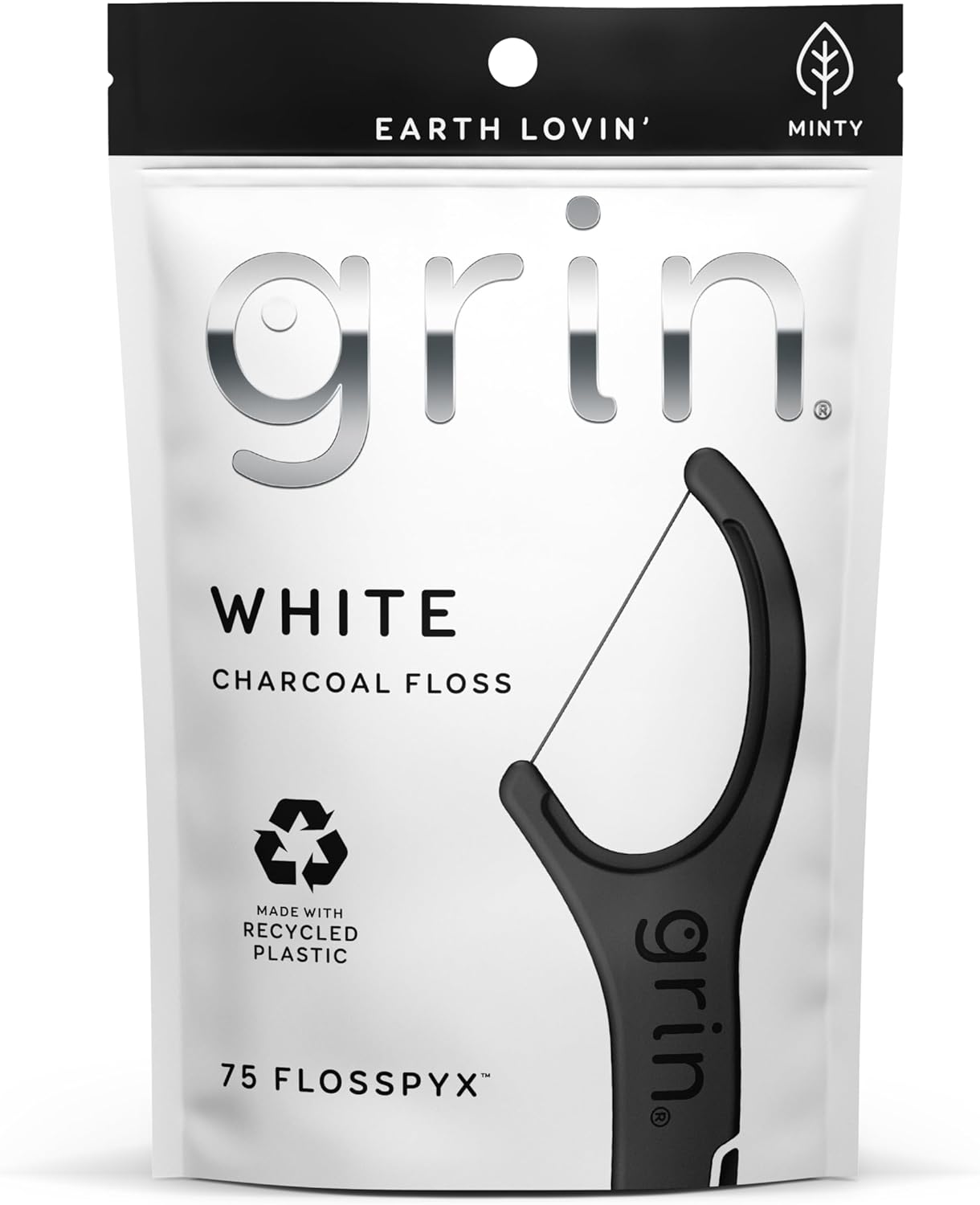 GRIN White Charcoal Infused Flosspyx, 75 Count, Dental Flossers, Minty Flavor, Recycled Plastic, Charcoal Infused Floss Picks, Premium Longer Floss Head, Easy Slide, Includes Soft Fold-Back Tooth Pick