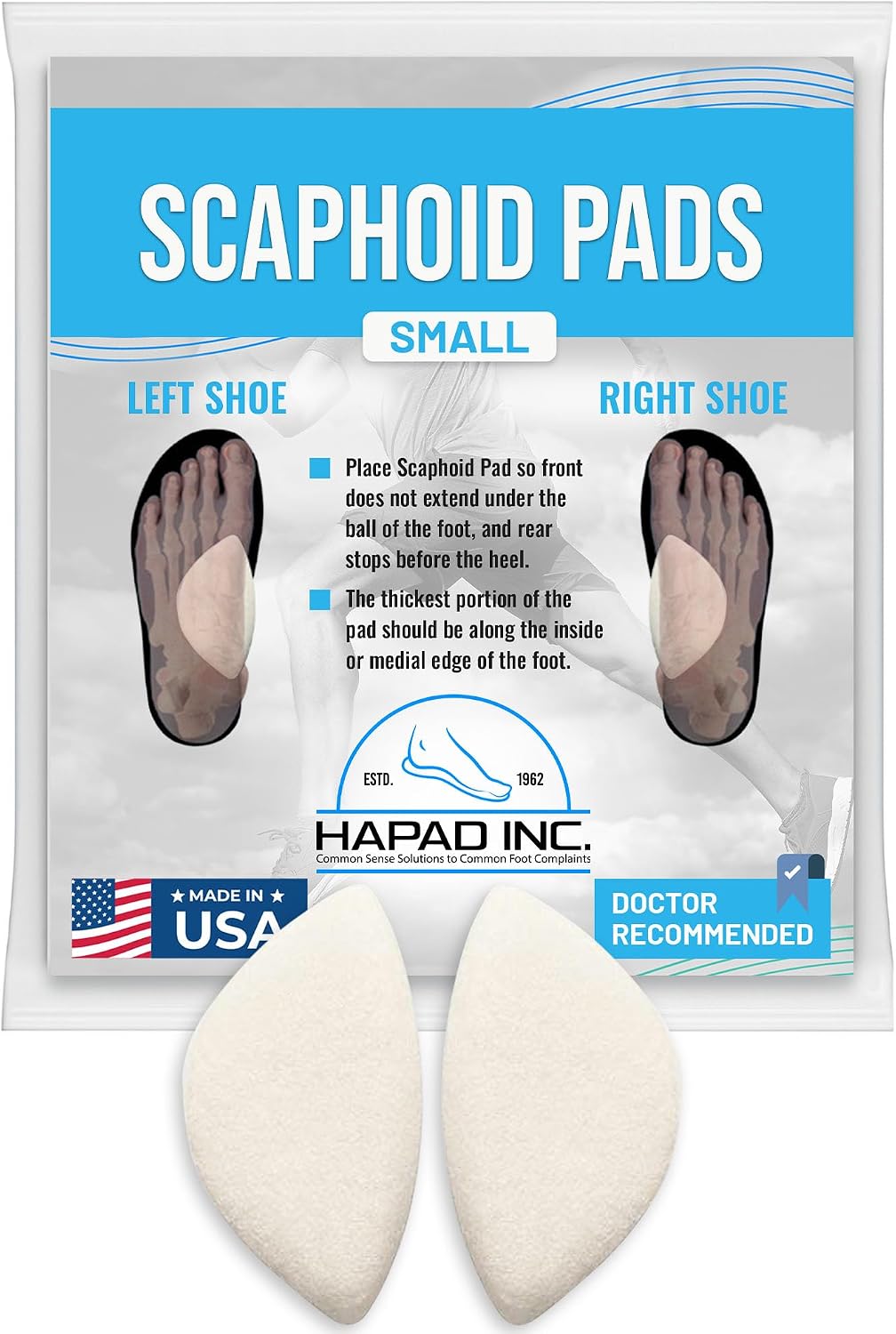 HAPAD Arch Support Pad Small (Women 5 to 8.5 / Men 5 to 8.5) Wool Felt Self-Adhesive Medial Arch Insert for Fallen or High Arches (1 Pair)