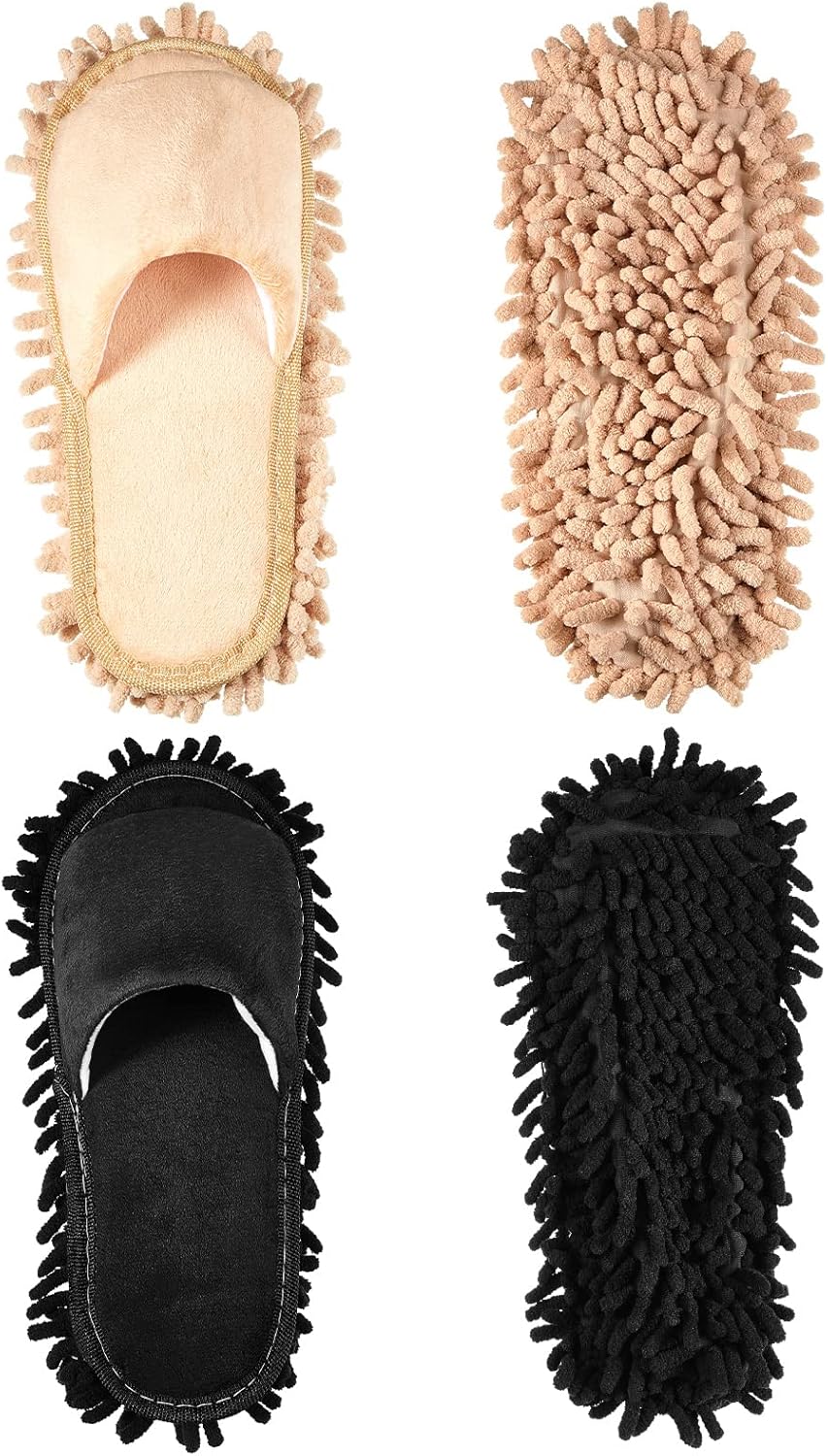 Jecery 2 Pairs Microfiber Cleaning Mop Slippers for Floor Cleaning House Mop Shoes Men and Women Washable Unisex Dusting Slippers Dirt Tool Supplies(Medium,Black, Beige)