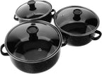 BESTonZON Enamel Mini Stock Pot Set with Lid, Coffee Color, 3pcs Non-stick Soup and Cooking Pans for Kitchen Use
