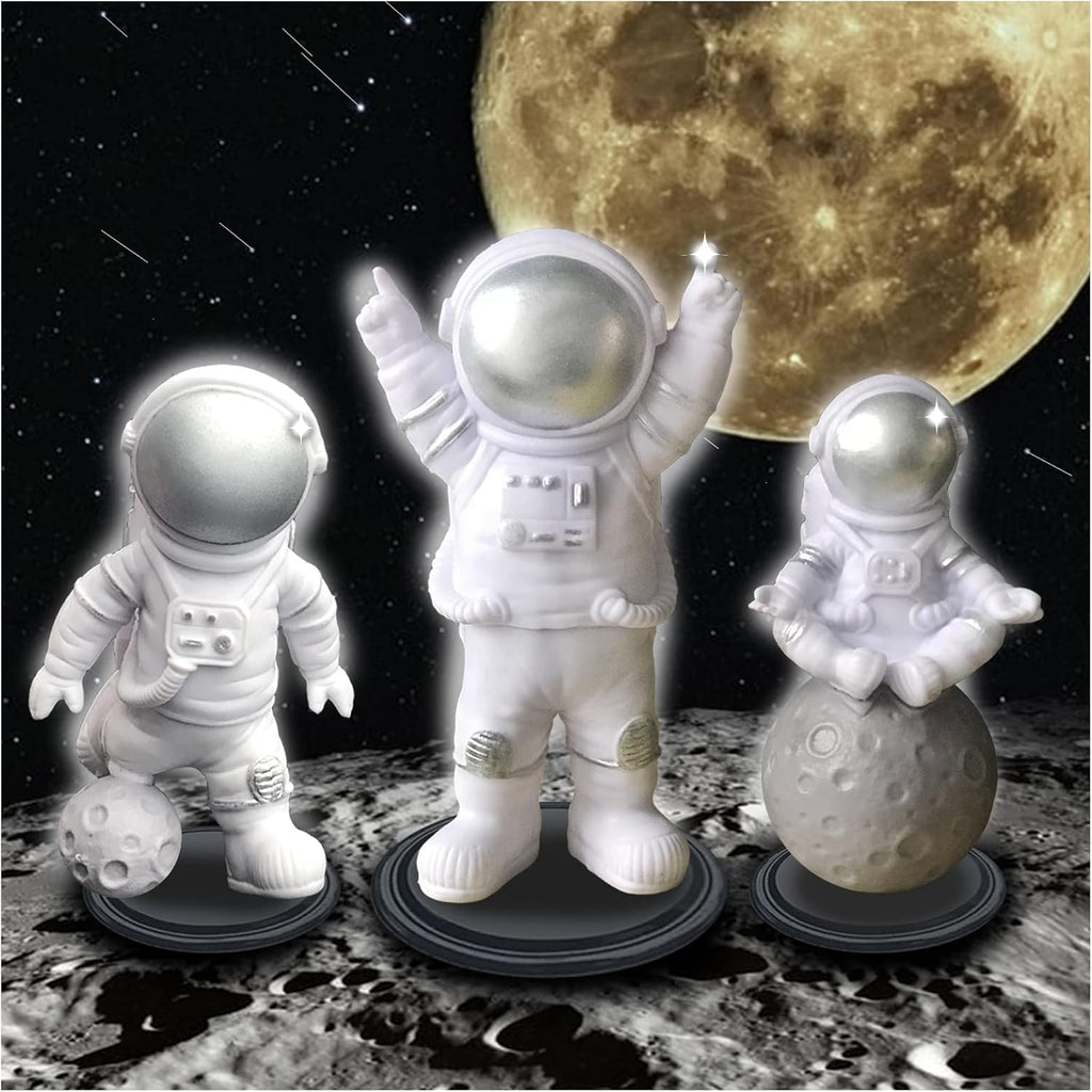 4 PCS Astronaut Figurine Space Cake Topper, Silver Astronaut Solid Resin Decor Outer Space Birthday Cupcake Desktop Ornaments Spaceman Figure Toy for Kids Party Gift, 3PCS Astronaut and 1PCS Keychain