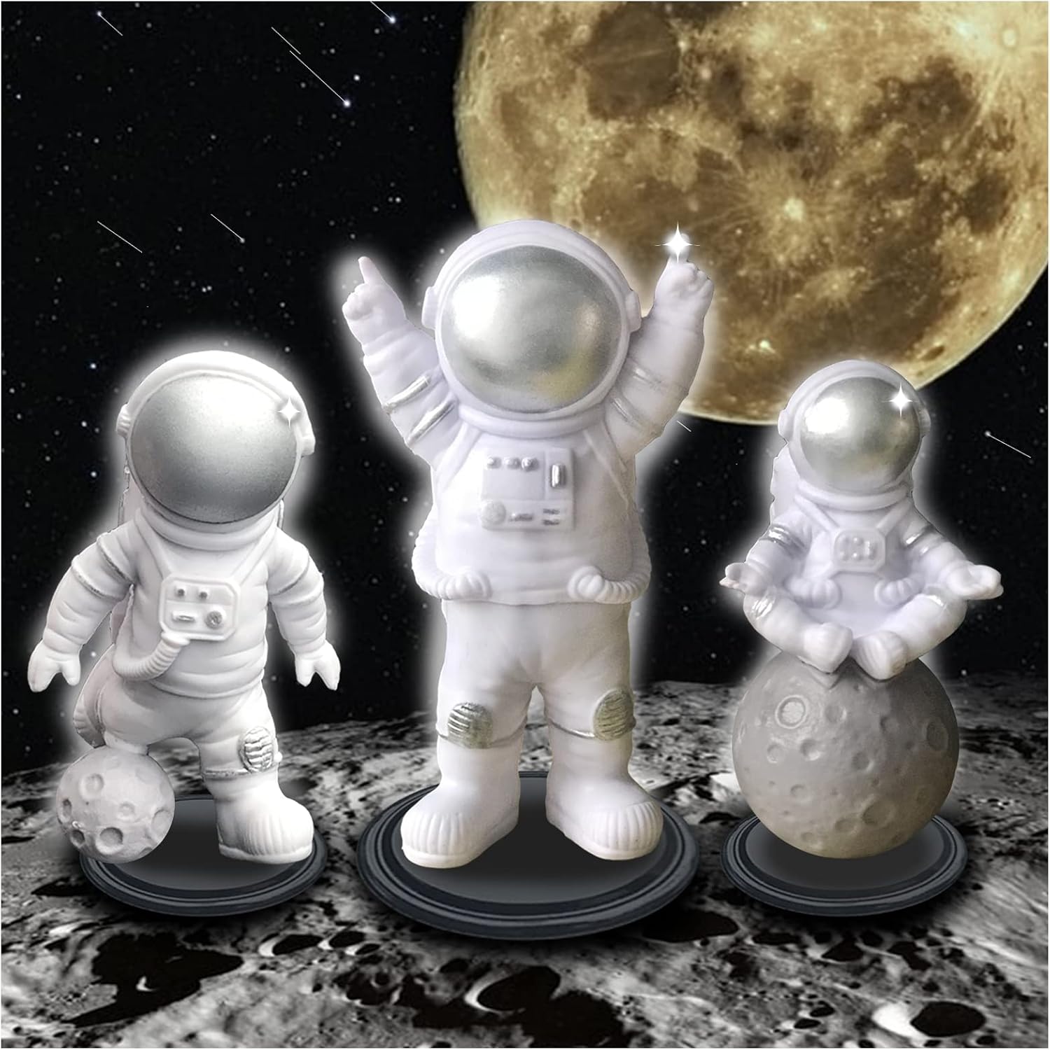 4 PCS Astronaut Figurine Space Cake Topper, Silver Astronaut Solid Resin Decor Outer Space Birthday Cupcake Desktop Ornaments Spaceman Figure Toy for Kids Party Gift, 3PCS Astronaut and 1PCS Keychain