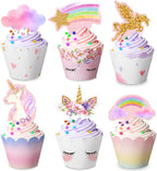 Censen 30 Pieces Unicorn Cupcake Toppers and Wrappers Decorations Unicorn Cup Cake Liners Rainbow Birthday Party Supplies Rainbow Topper Decorations for Girls Women Birthday Party