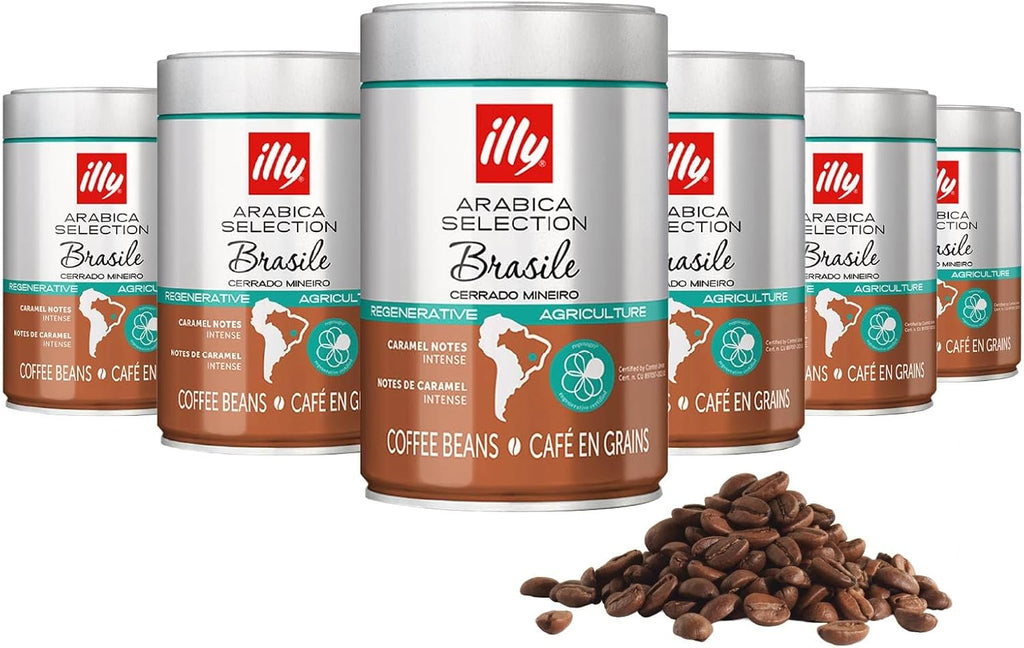 illy Whole Bean Coffee, Brasile Regenerative Agriculture Medium Roast, 100% Arabica, Premium Italian Coffee, Ideal for Espresso, Drip, Moka and French Press Brewing, 8.8oz, 6 Pack