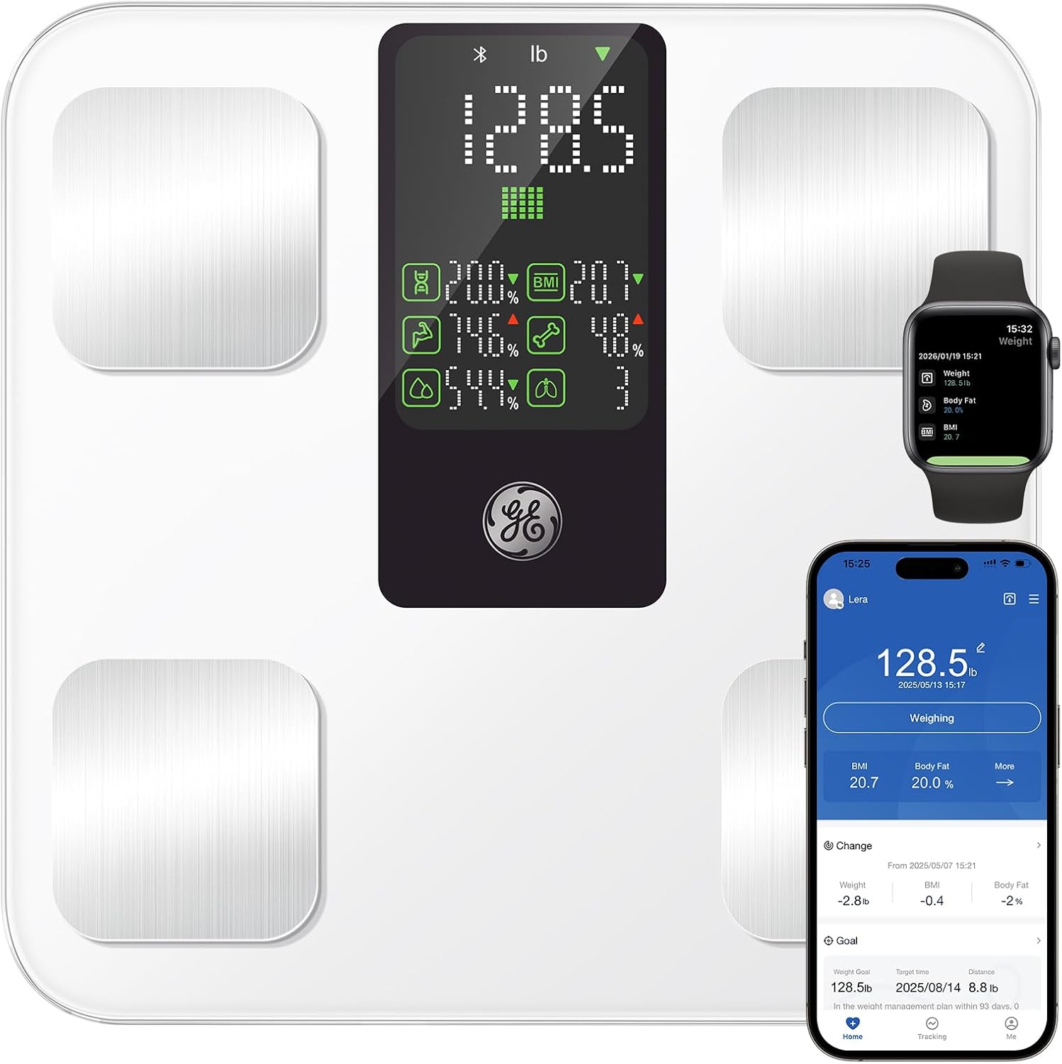 GE Smart Body Weight Scale, with 8-in-1 Display for BMI Body Fat Muscle Mass, Digital Bathroom Bluetooth Scale, 14 Composition Analyzer for Health Monitoring, 11.8", Accurate 400lb Weighing, White