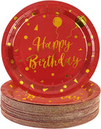 50 Pack Happy Birthday Red and Gold Paper Plates, 7 inch Metallic Foil Polka Dots Disposable Dessert Party Supplies for Graduation Wedding Holiday Christma Party Decorations