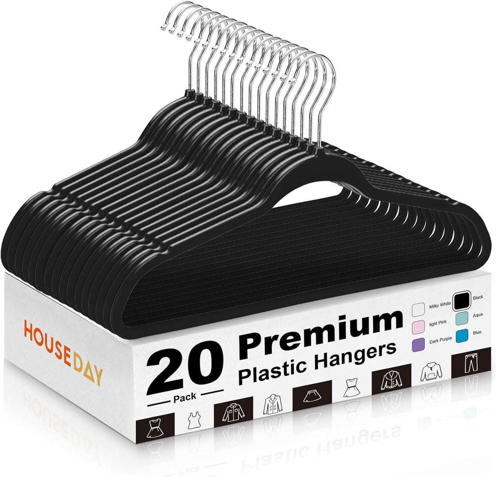 HOUSE DAY Black Plastic Hangers 20 Pack - Heavy Duty Non-Velvet Hangers with 360° Swivel Chrome Hook & Non Slip Notches - Slim Space Saving Clothes Hangers Ideal for Dresses Coats Shirts Jackets