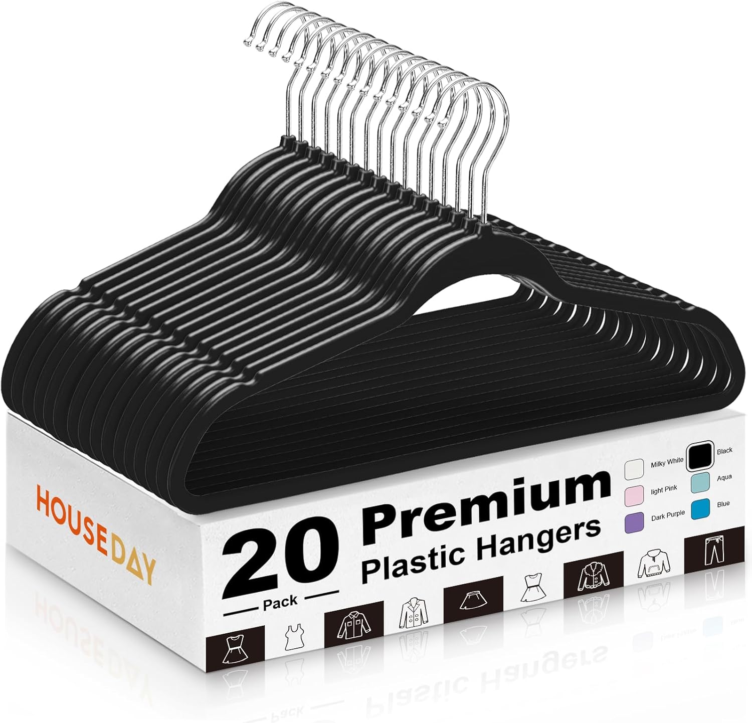 HOUSE DAY Black Plastic Hangers 20 Pack - Heavy Duty Non-Velvet Hangers with 360° Swivel Chrome Hook & Non Slip Notches - Slim Space Saving Clothes Hangers Ideal for Dresses Coats Shirts Jackets